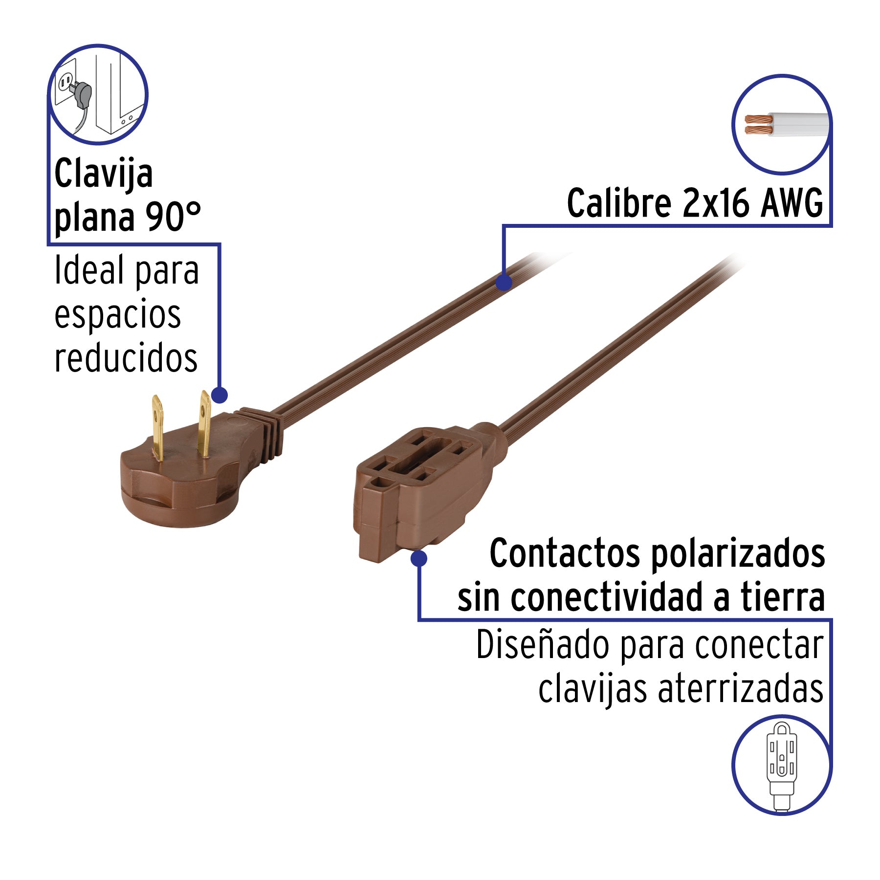 Extensión eléctrica doméstica 6 m clavija plana, café
