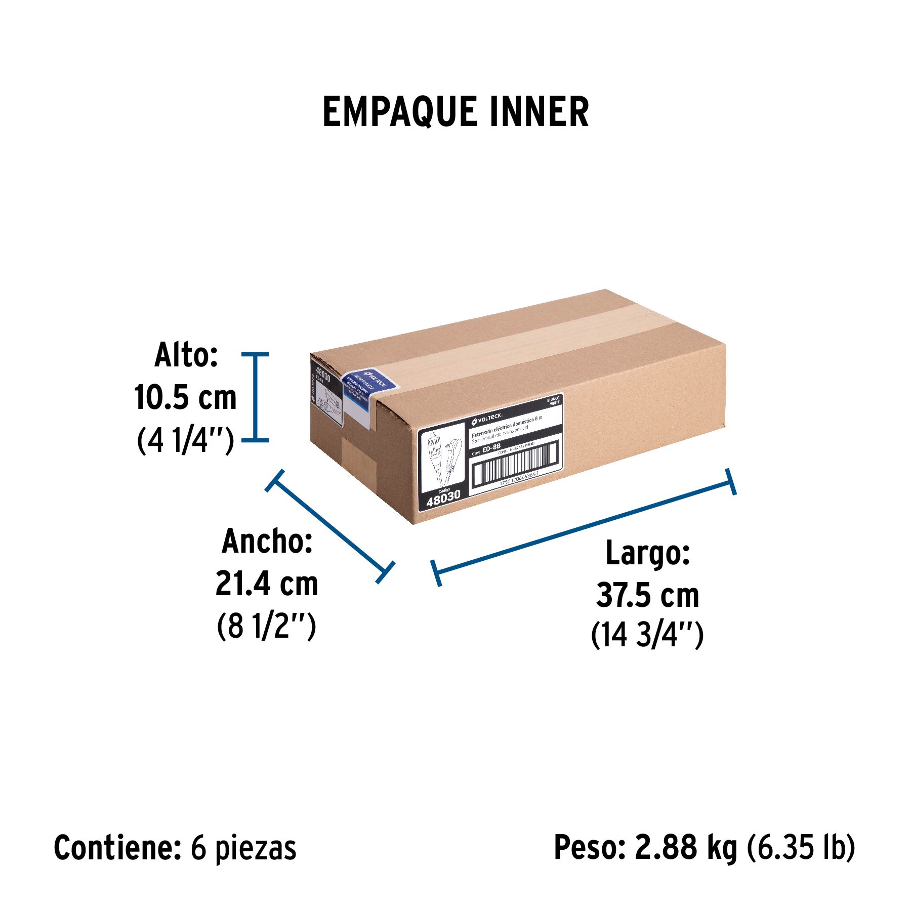 Extensión eléctrica doméstica 8 m clavija plana, blanca - Empaque
