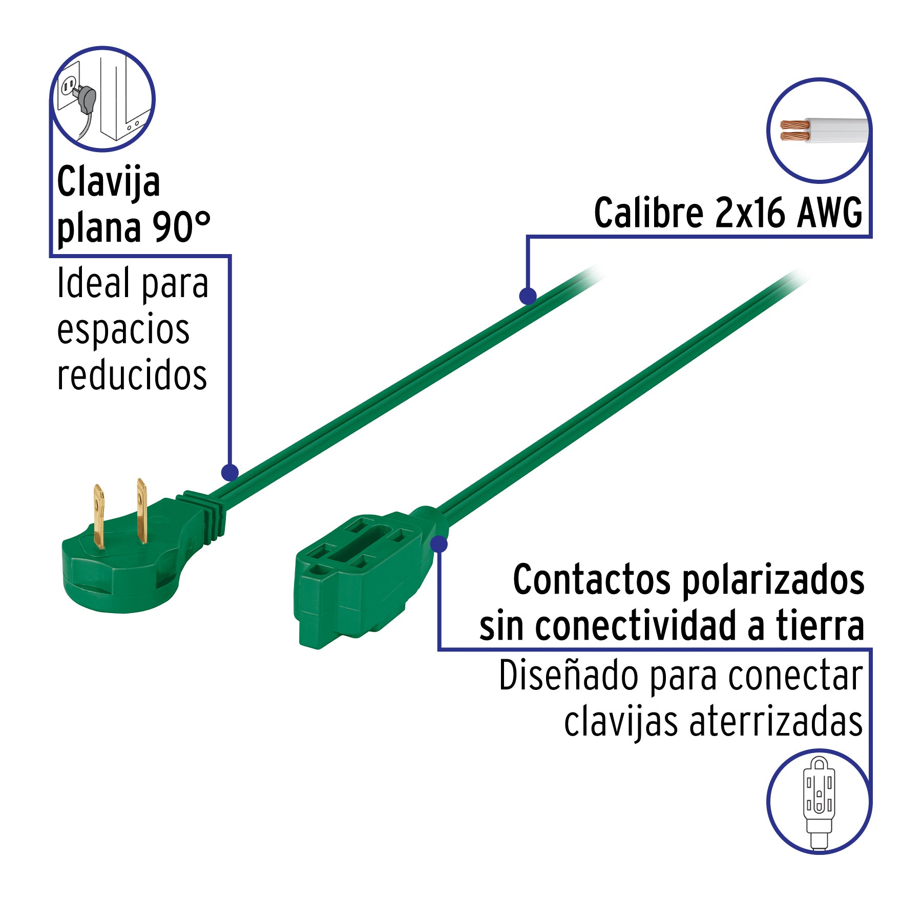 Extensión eléctrica doméstica 8 m clavija plana, verde