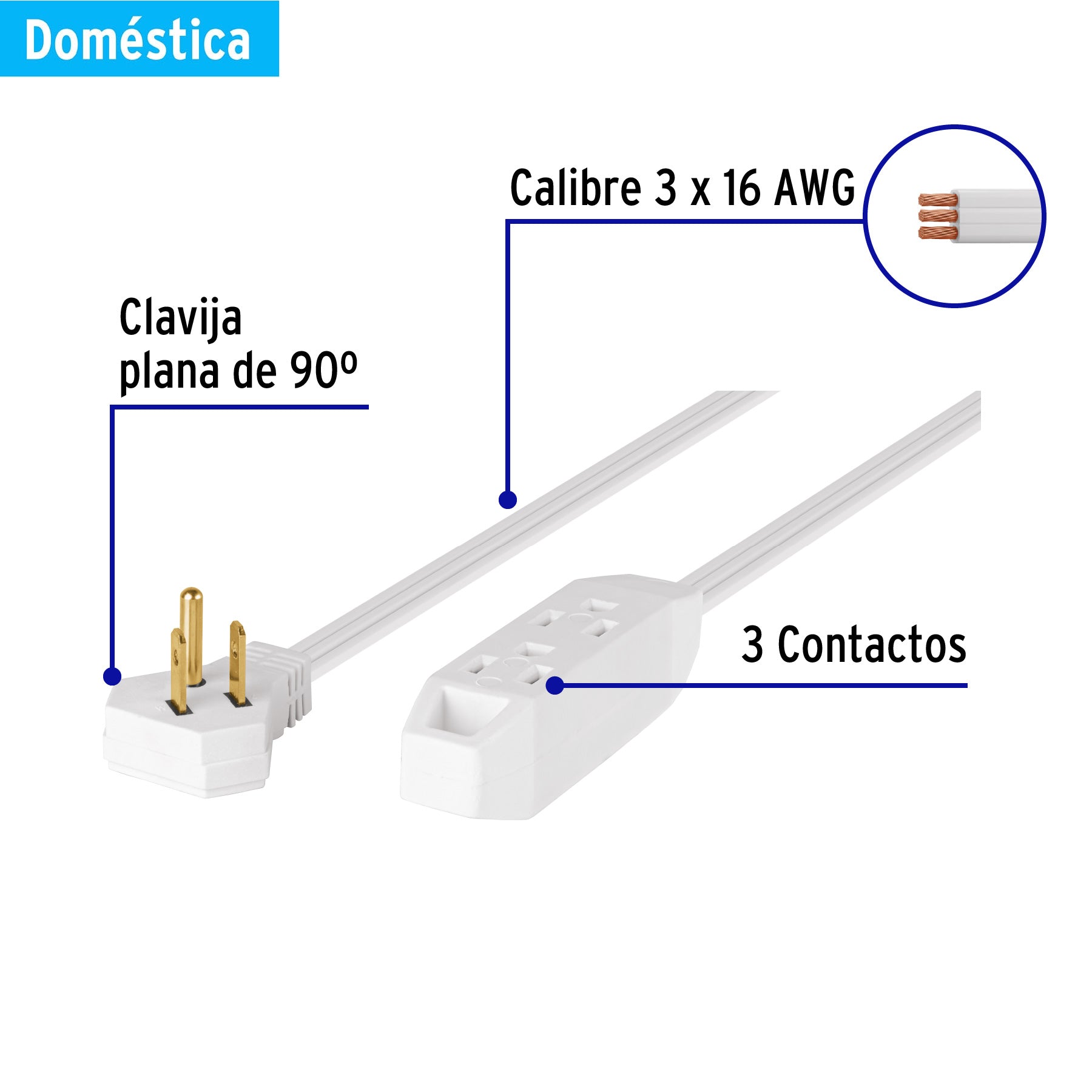 Extensión doméstica aterrizada 4 m blanca con clavija plana