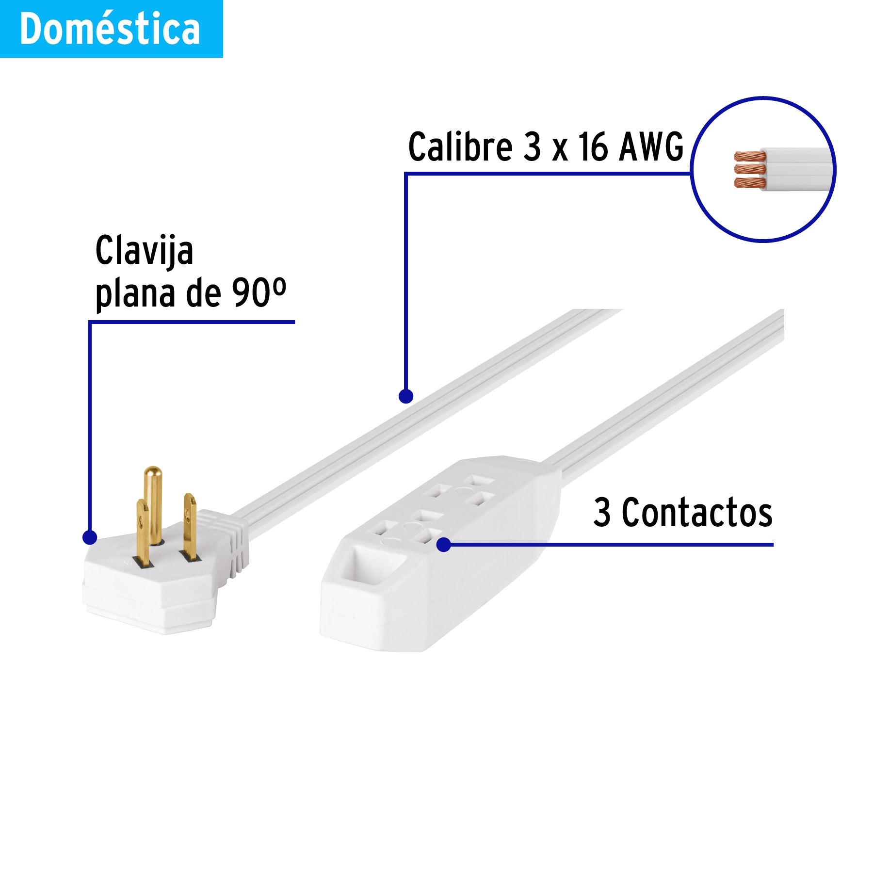 Extensión doméstica aterrizada 6 m blanca con clavija plana