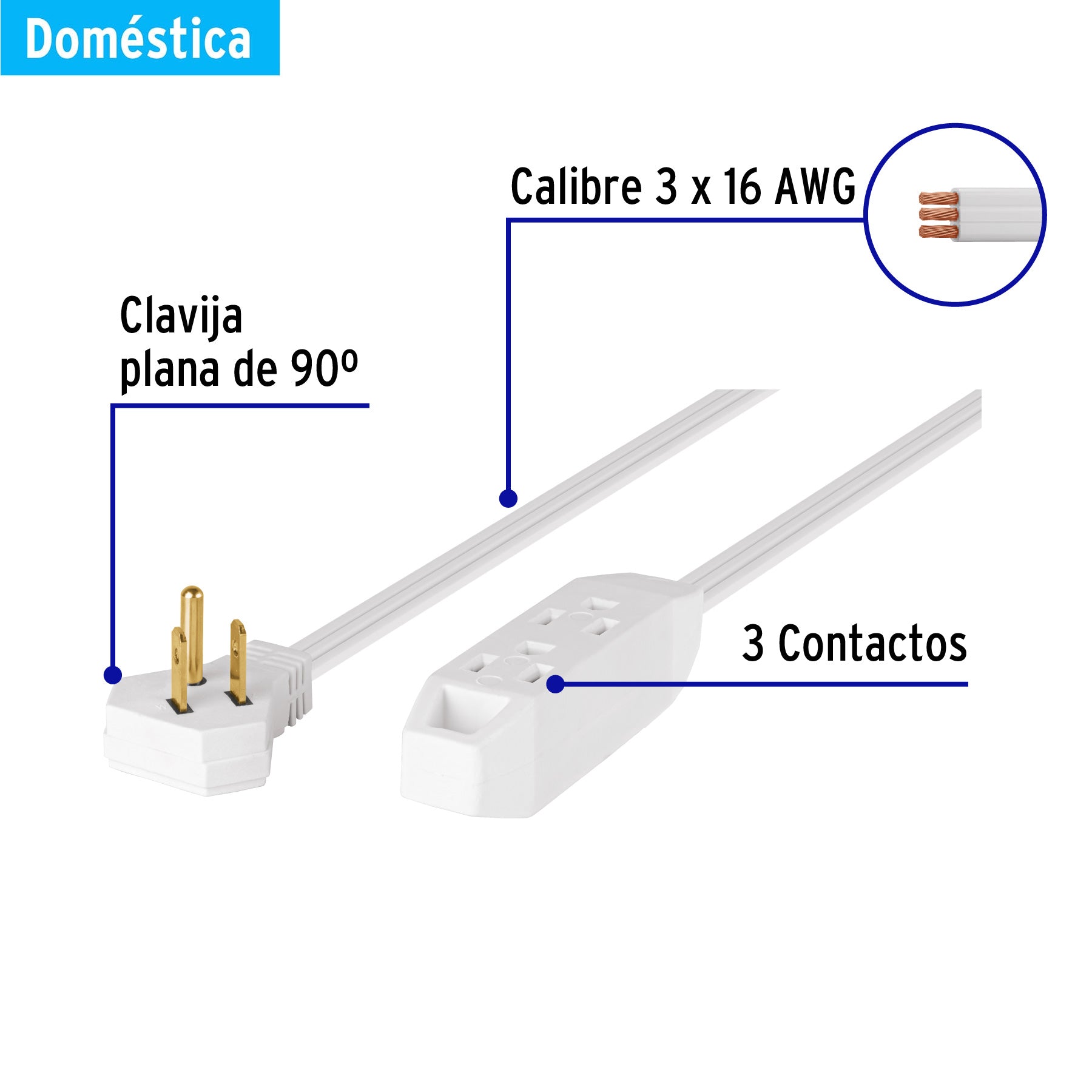 Extensión doméstica aterrizada 8 m blanca con clavija plana