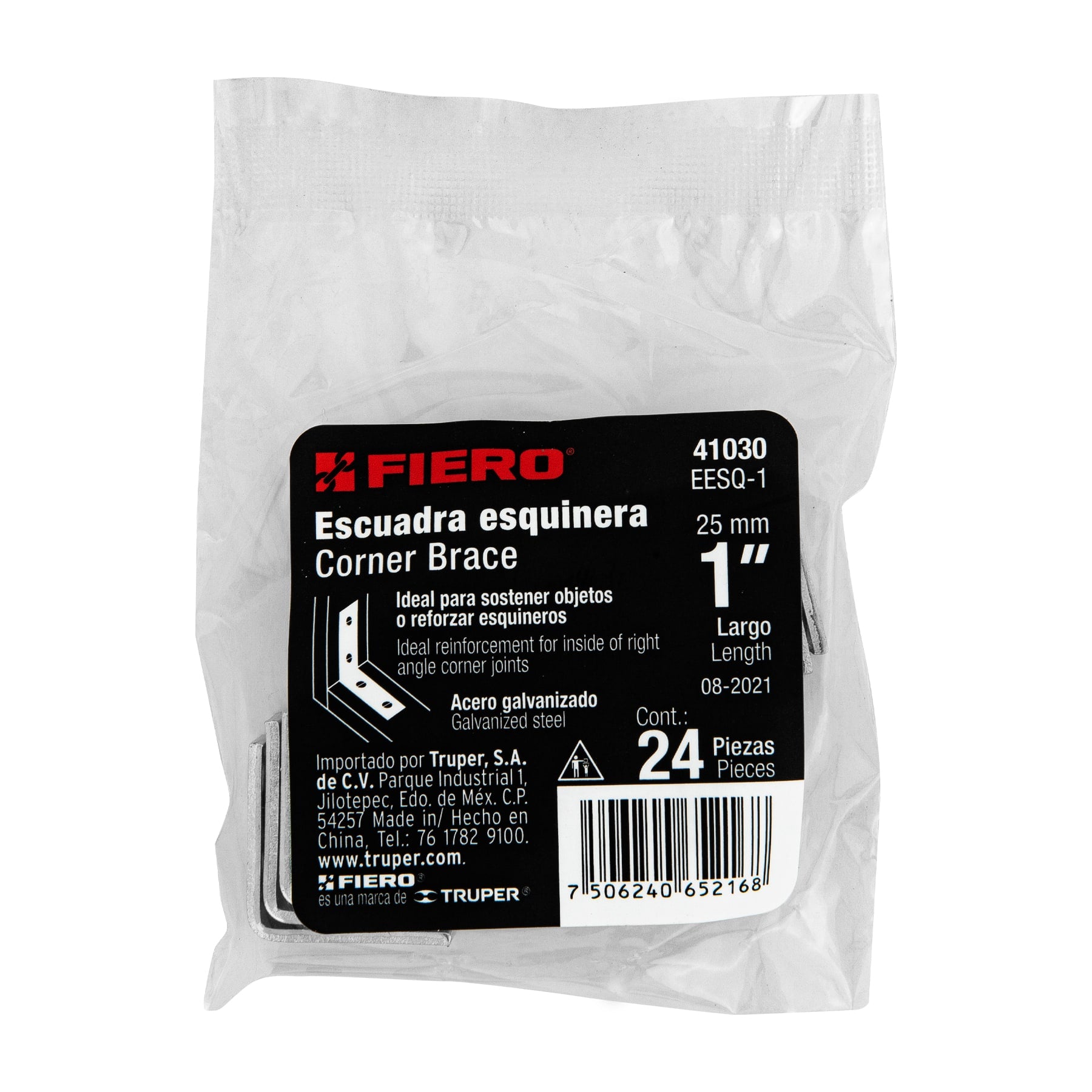 Bolsa con 24 escuadras esquineras 1" x 1", FIERO