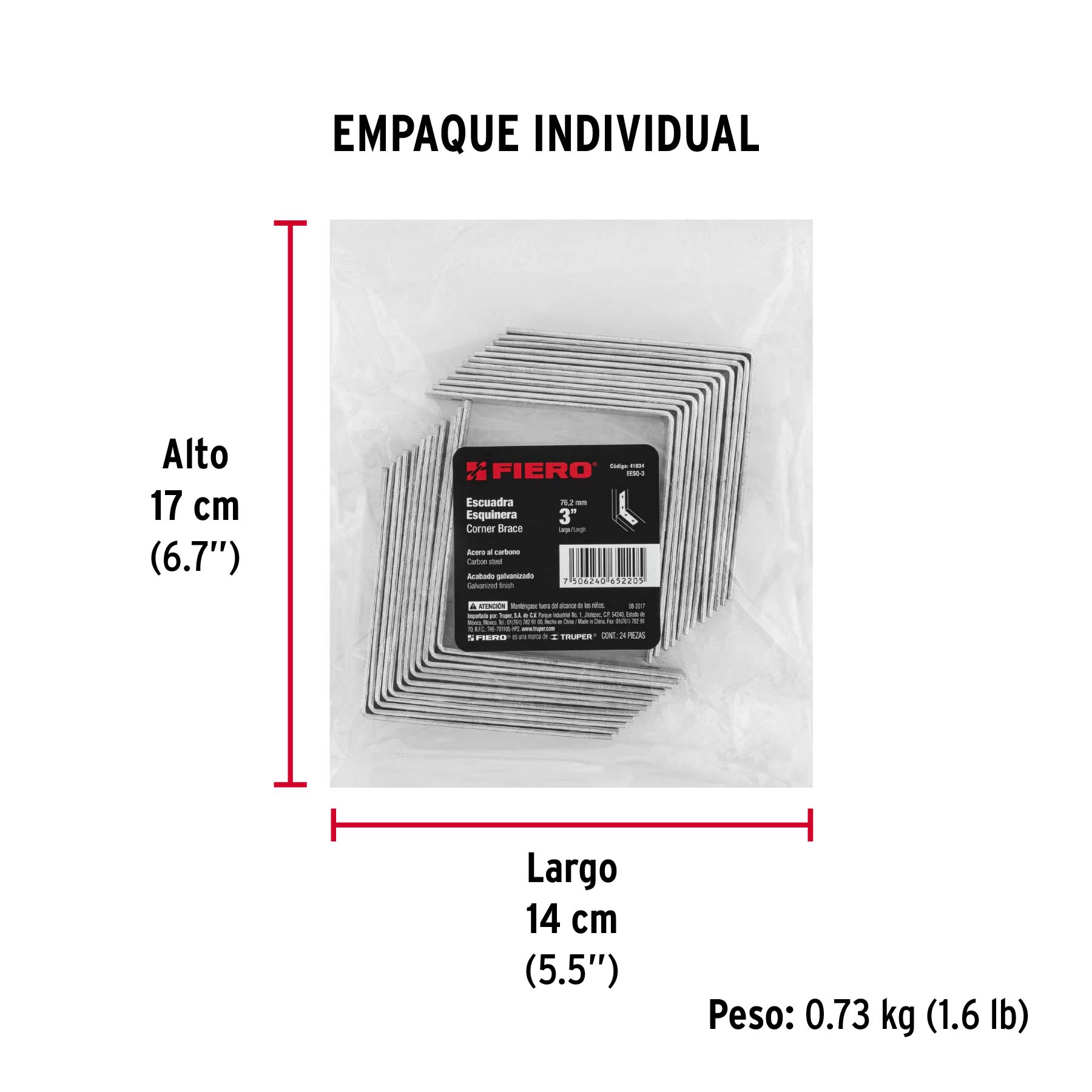 Bolsa con 24 escuadras esquineras 3" x 3", FIERO - Empaque