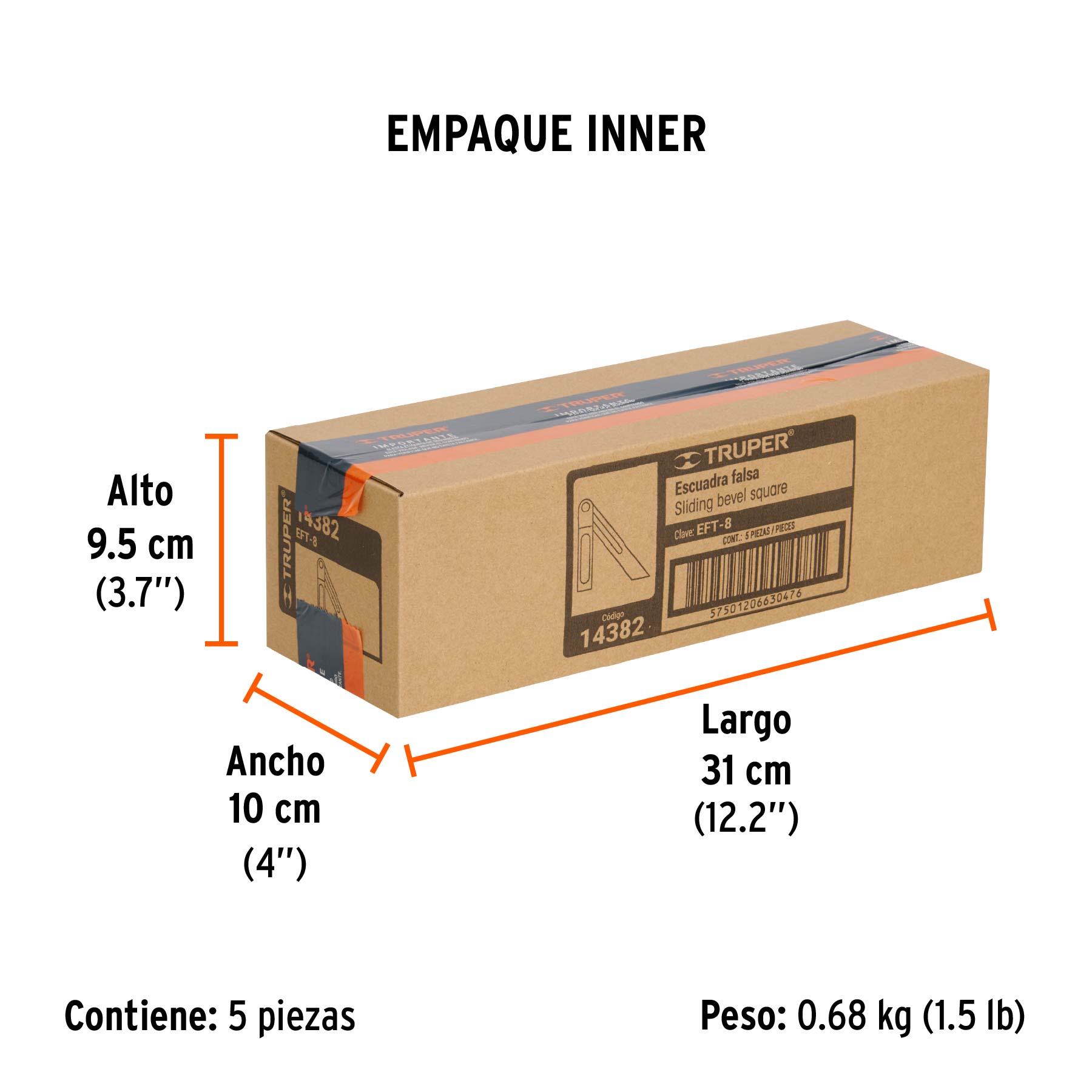 Escuadra falsa d/acero inoxidable 19cm / 6" con mango de ABS - Empaque