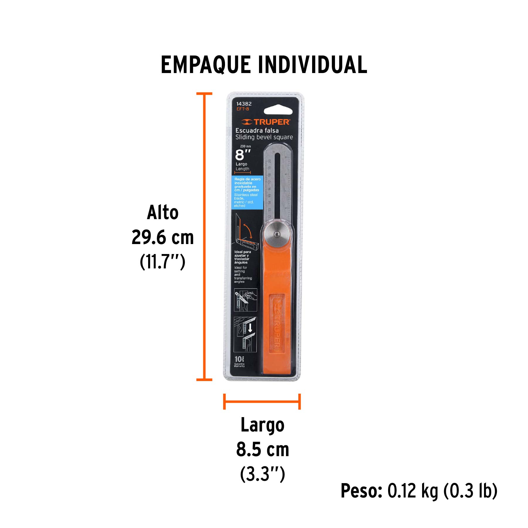 Escuadra falsa d/acero inoxidable 19cm / 6" con mango de ABS - Empaque