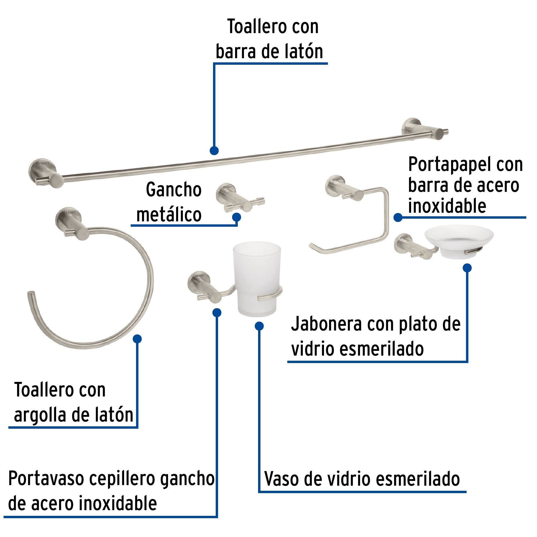 Juego de 6 accesorios para baño acabado satín, FOSET ELEMENT