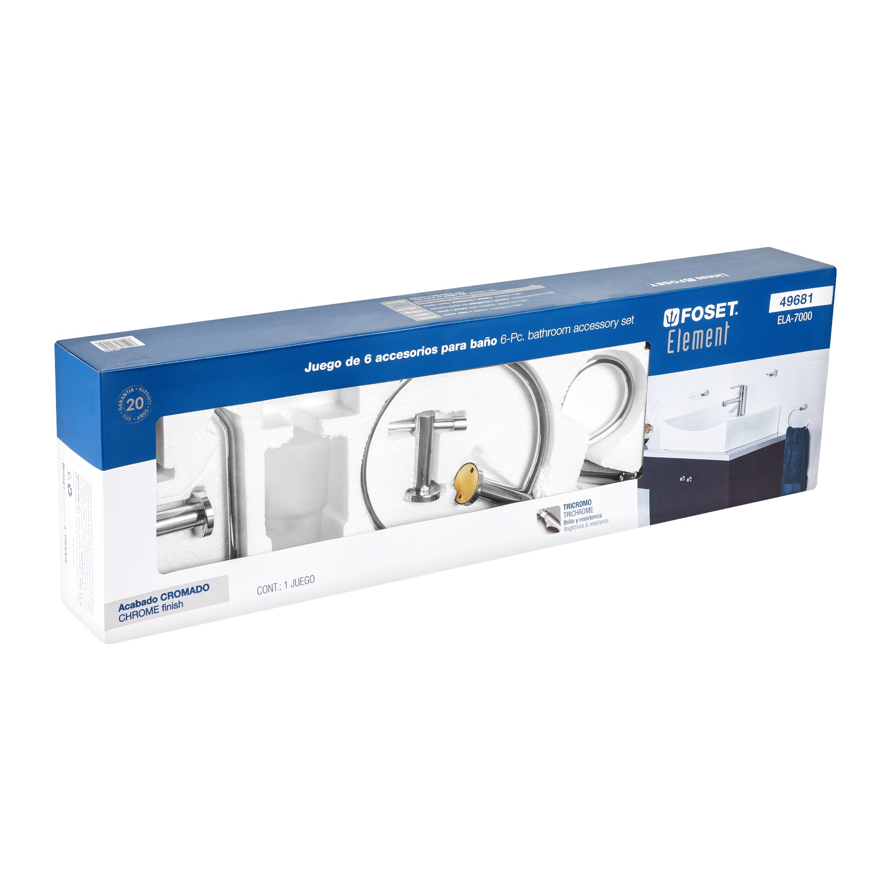 Juego de 6 accesorios para baño acabado cromo, FOSET ELEMENT