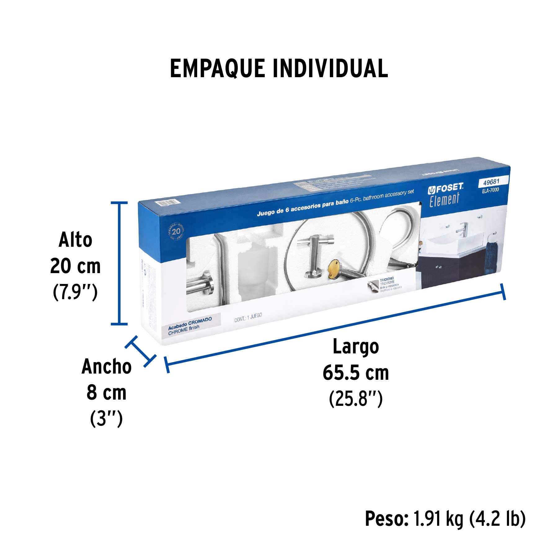 Juego de 6 accesorios para baño acabado cromo, FOSET ELEMENT - Empaque