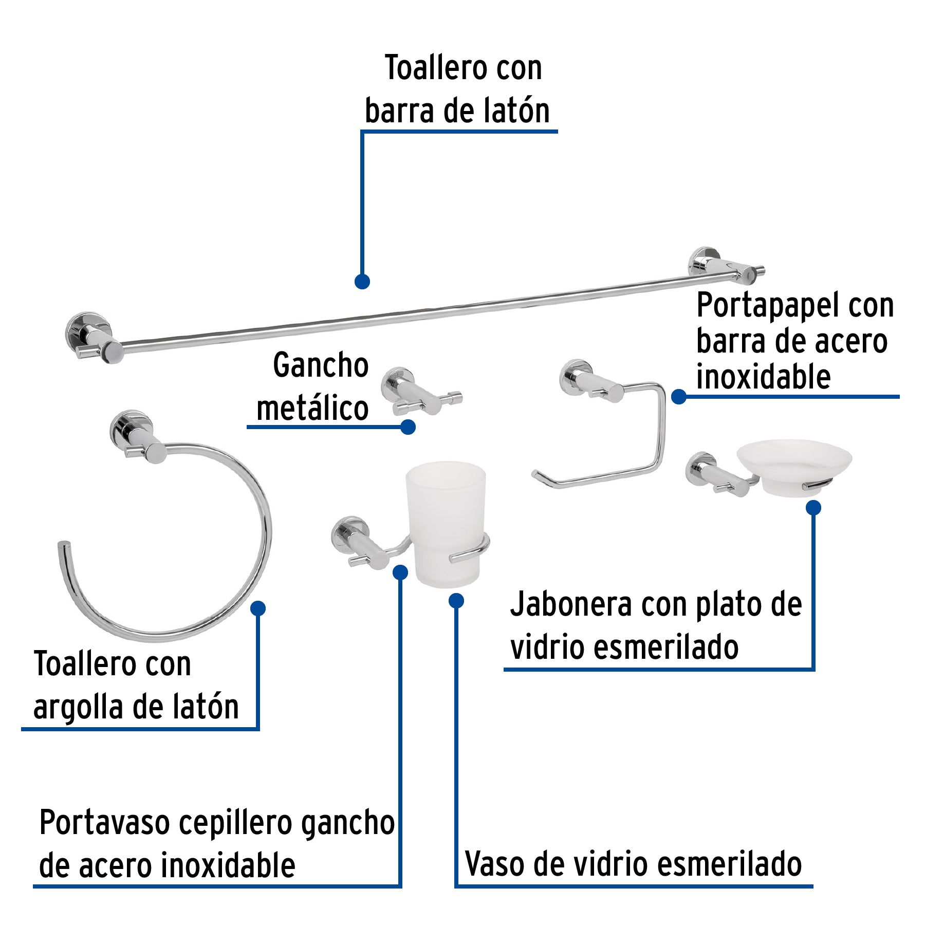 Juego de 6 accesorios para baño acabado cromo, FOSET ELEMENT