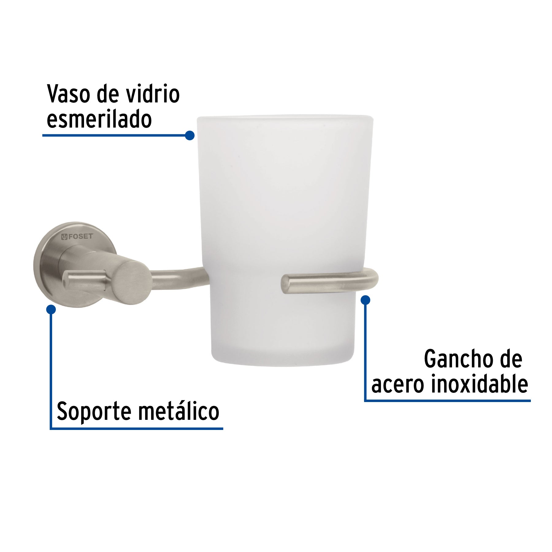 Portavaso cepillero satín con vaso de vidrio, FOSET ELEMENT