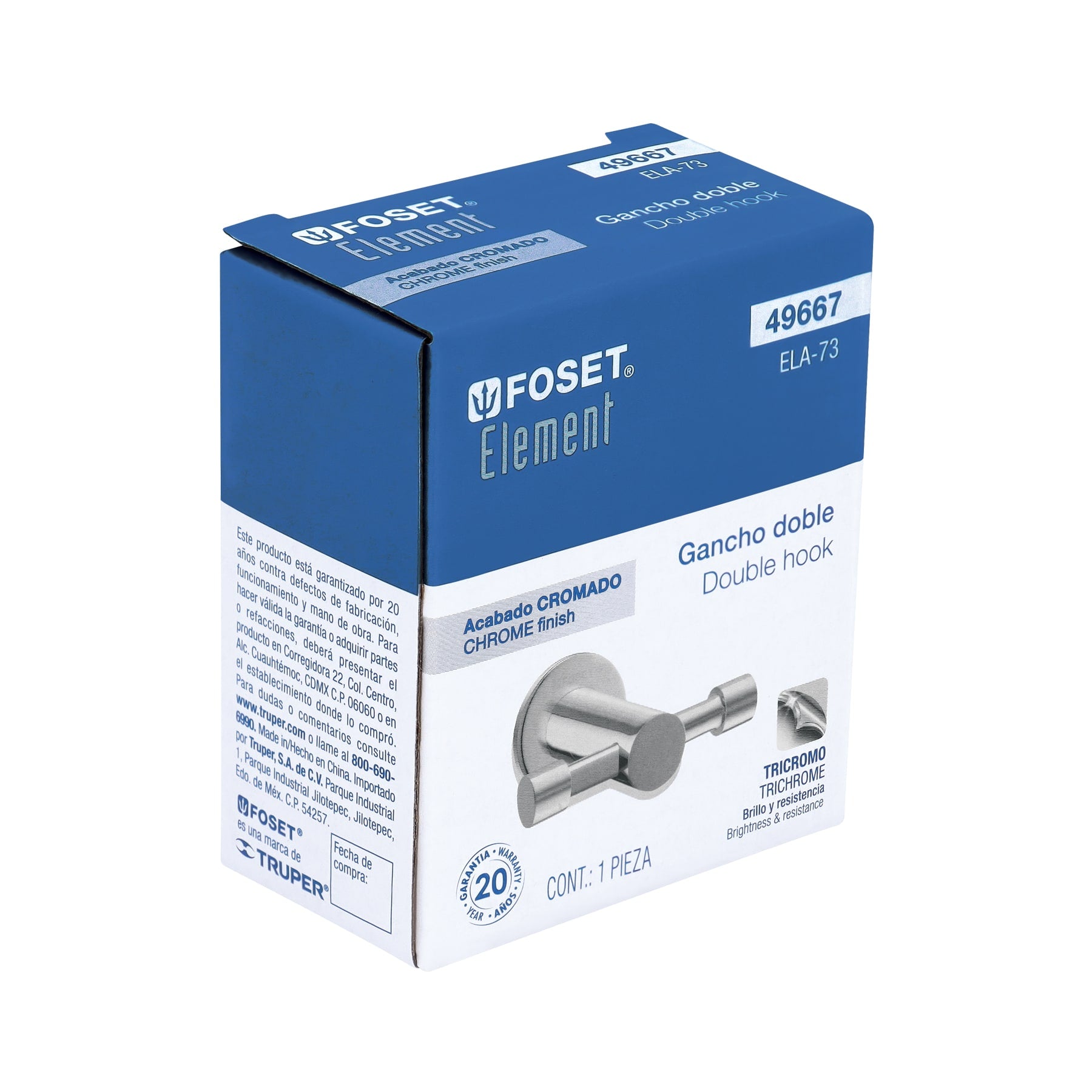 Gancho doble metálico cromo para toallas, FOSET ELEMENT