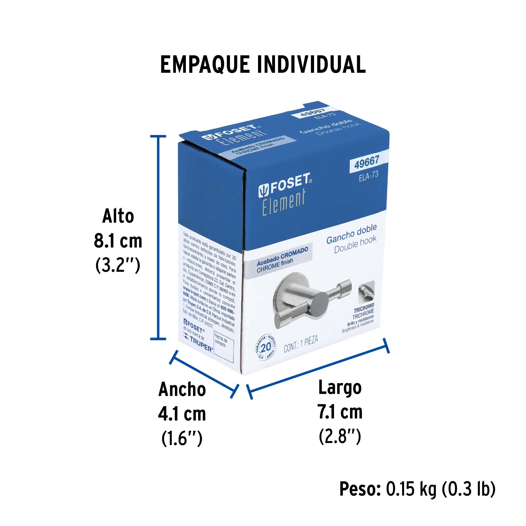 Gancho doble metálico cromo para toallas, FOSET ELEMENT - Empaque