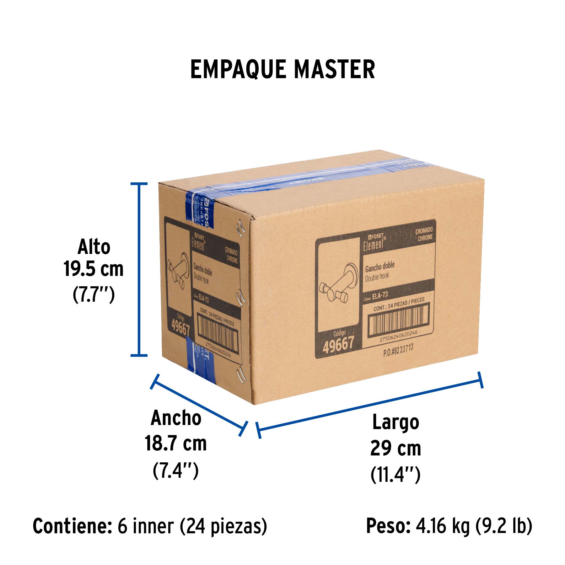 Gancho doble metálico cromo para toallas, FOSET ELEMENT - Empaque