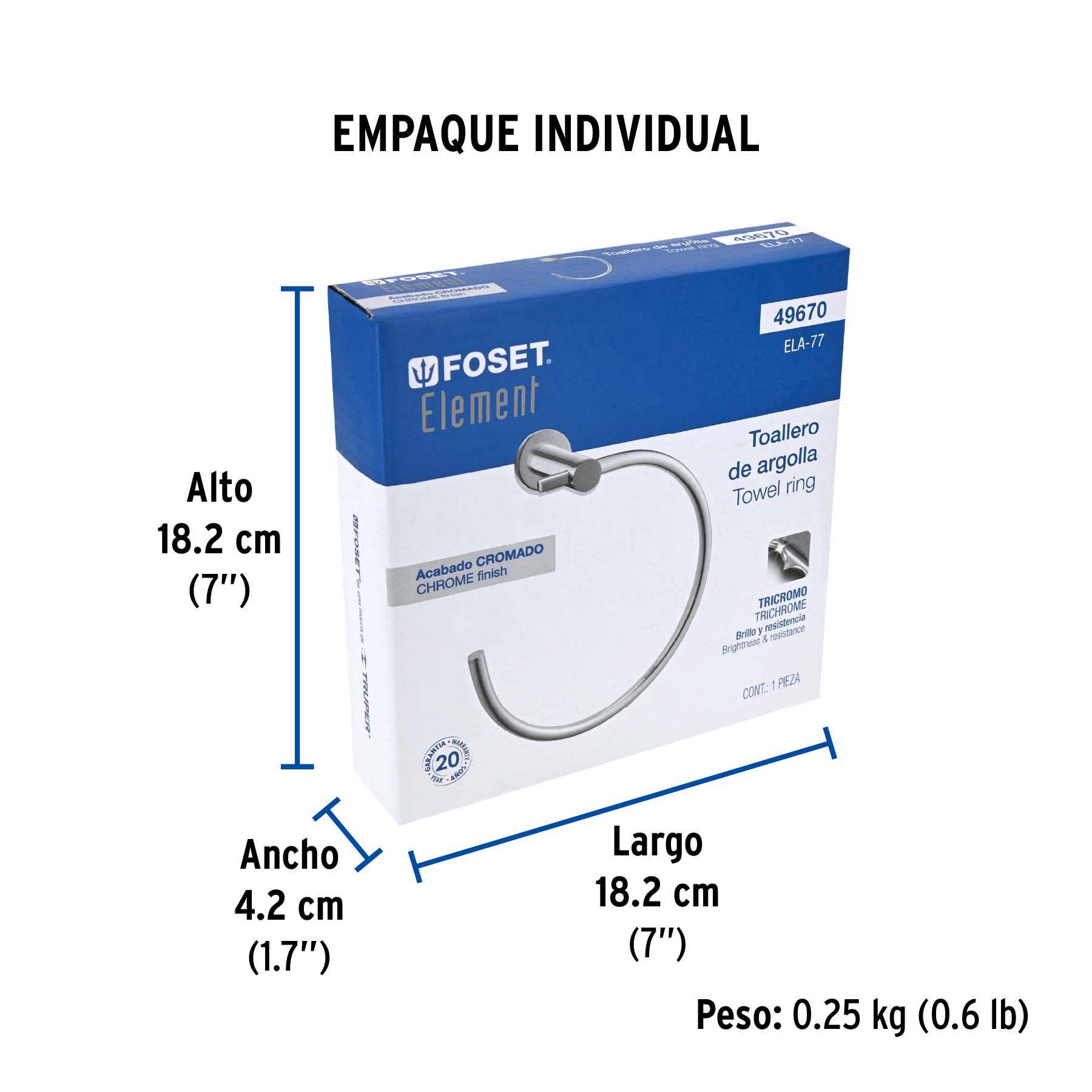 Toallero metálico de argolla acabado cromo, FOSET ELEMENT - Empaque