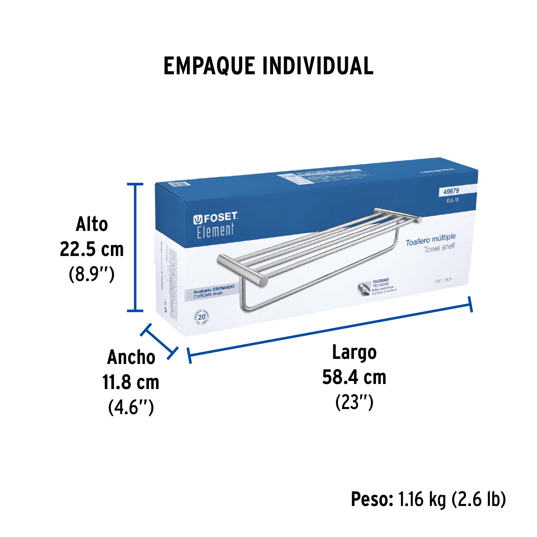 Repisa de latón portatoalla en acabado cromo, FOSET ELEMENT - Empaque