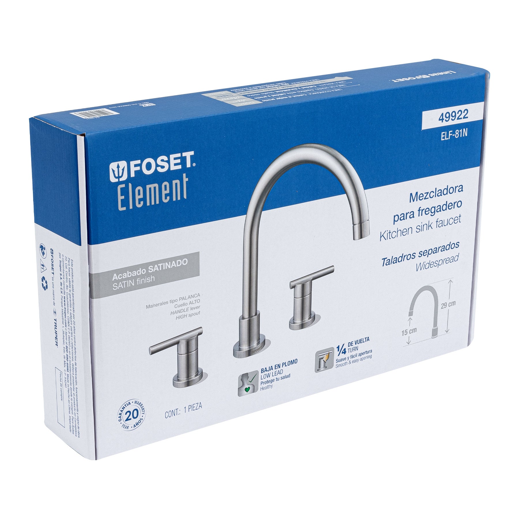 Mezcladora satín cuello alto para fregadero, FOSET ELEMENT