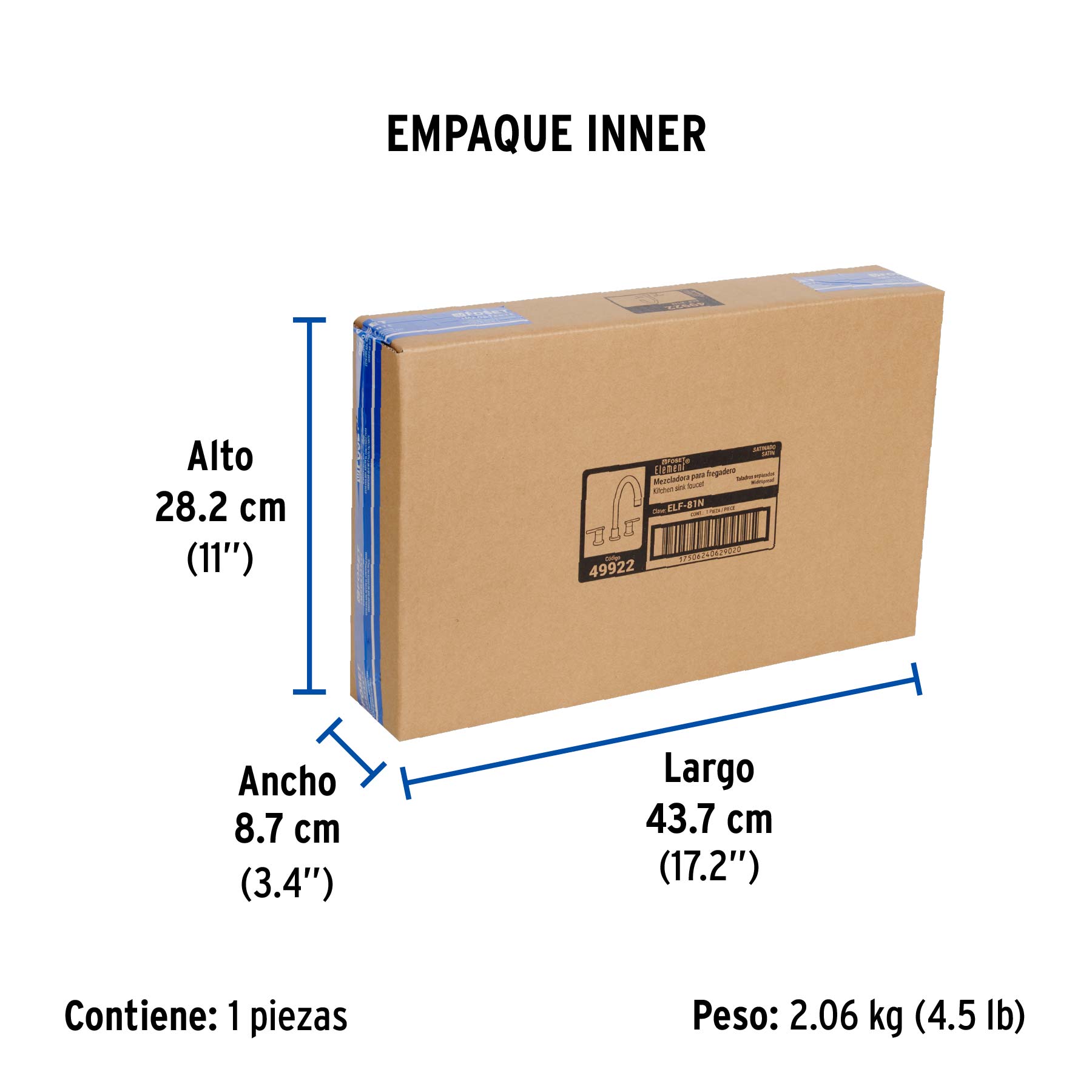 Mezcladora satín cuello alto para fregadero, FOSET ELEMENT - Empaque