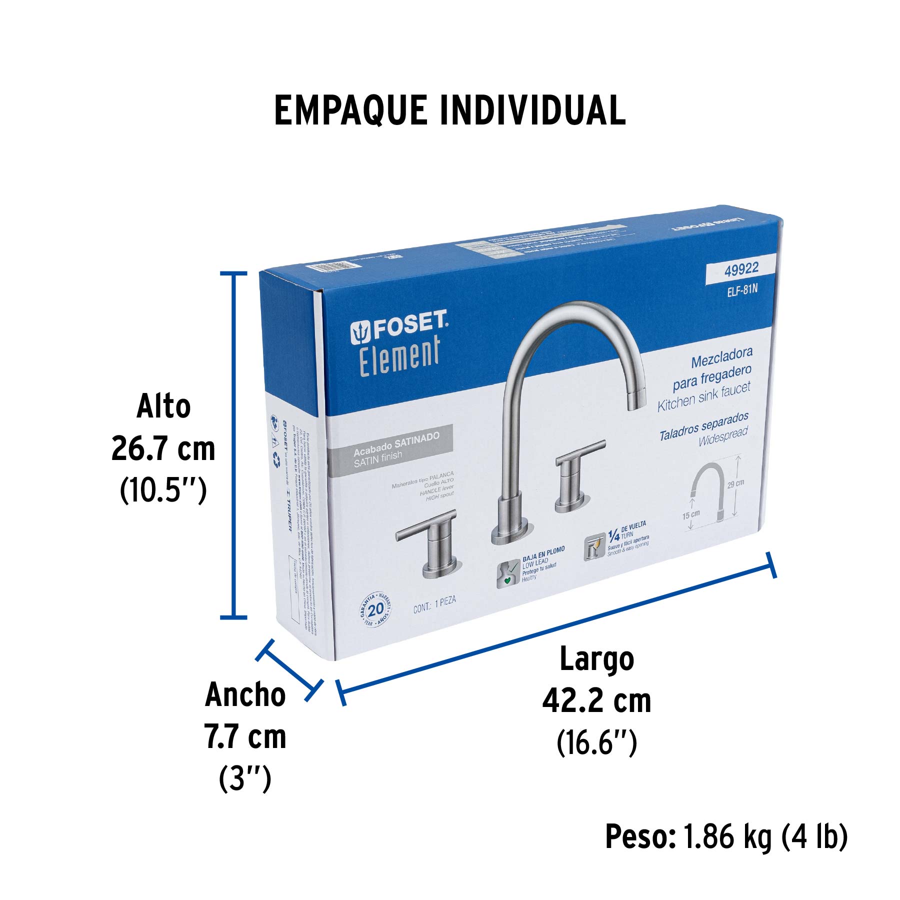Mezcladora satín cuello alto para fregadero, FOSET ELEMENT - Empaque