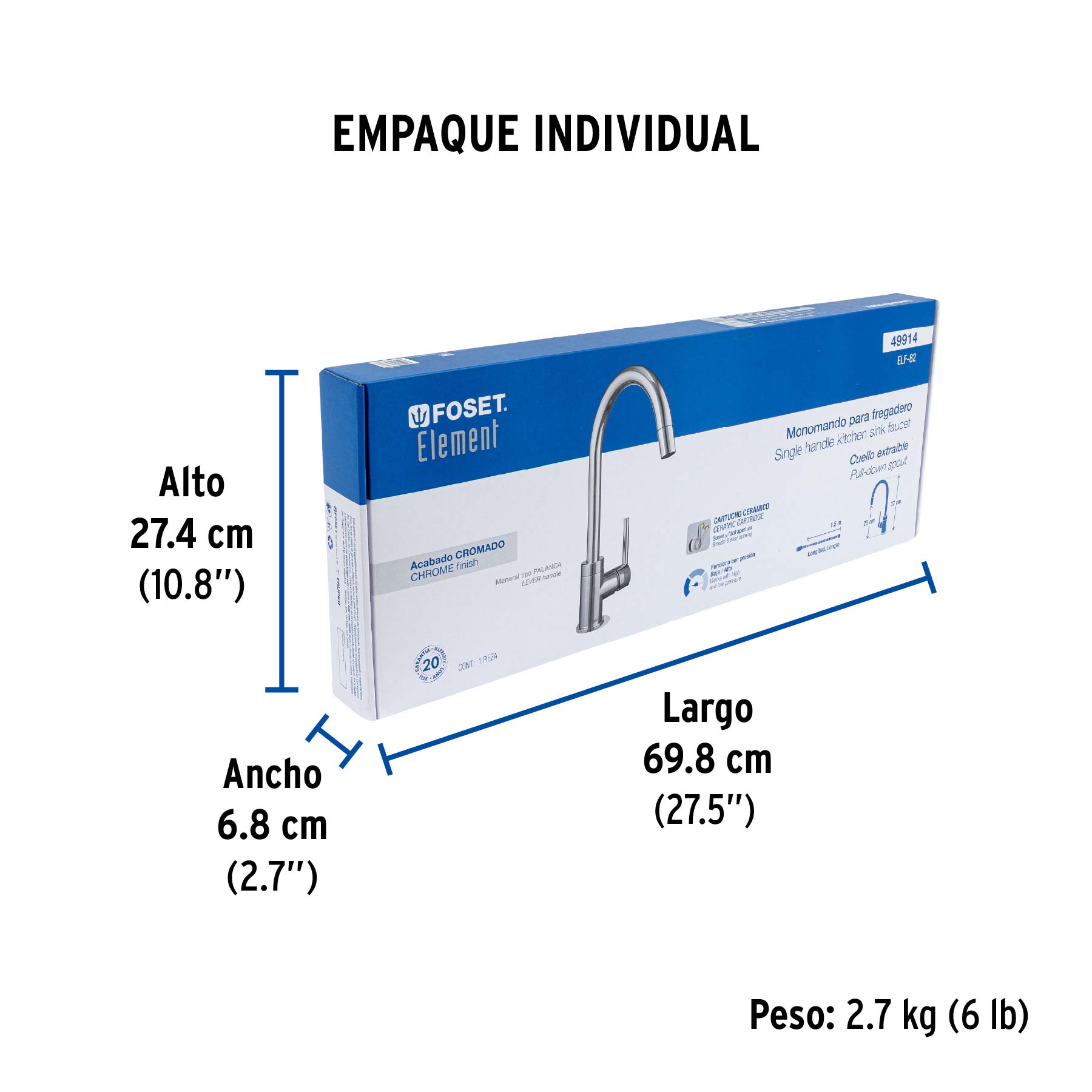 Monomando cromo nariz retráctil para fregadero, ELEMENT - Empaque
