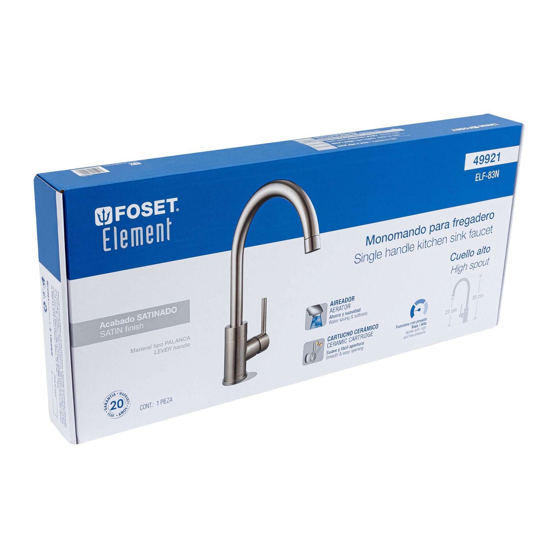 Monomando satín cuello alto para fregadero, FOSET ELEMENT