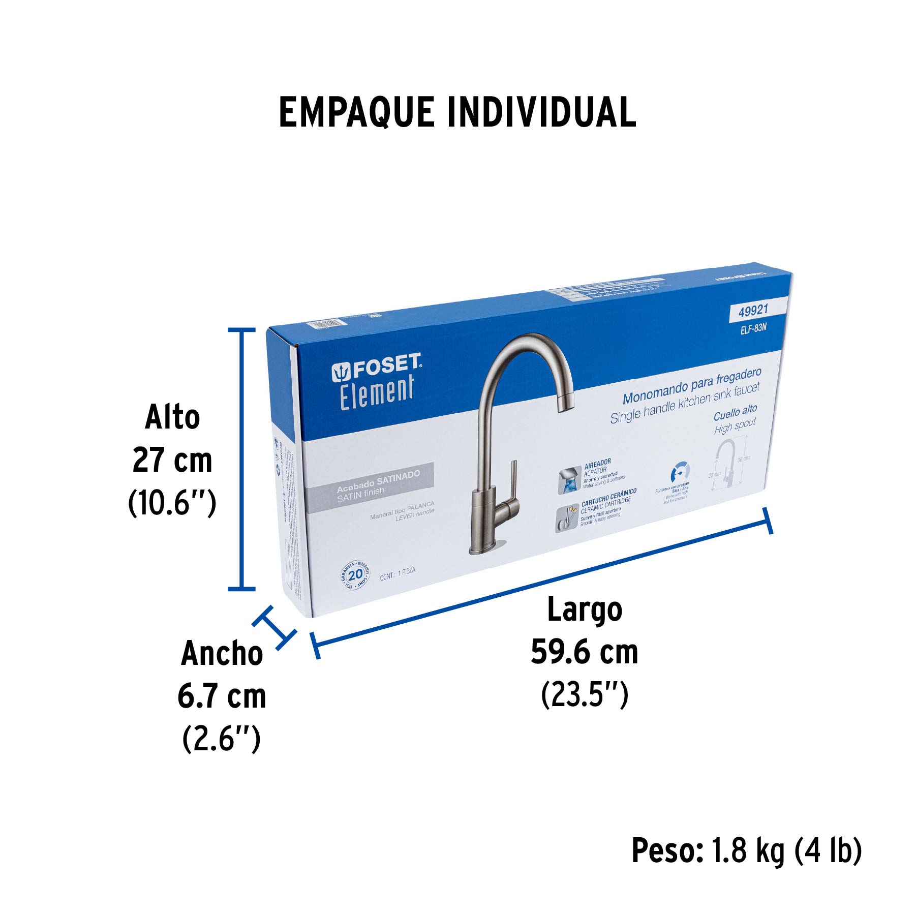Monomando satín cuello alto para fregadero, FOSET ELEMENT - Empaque