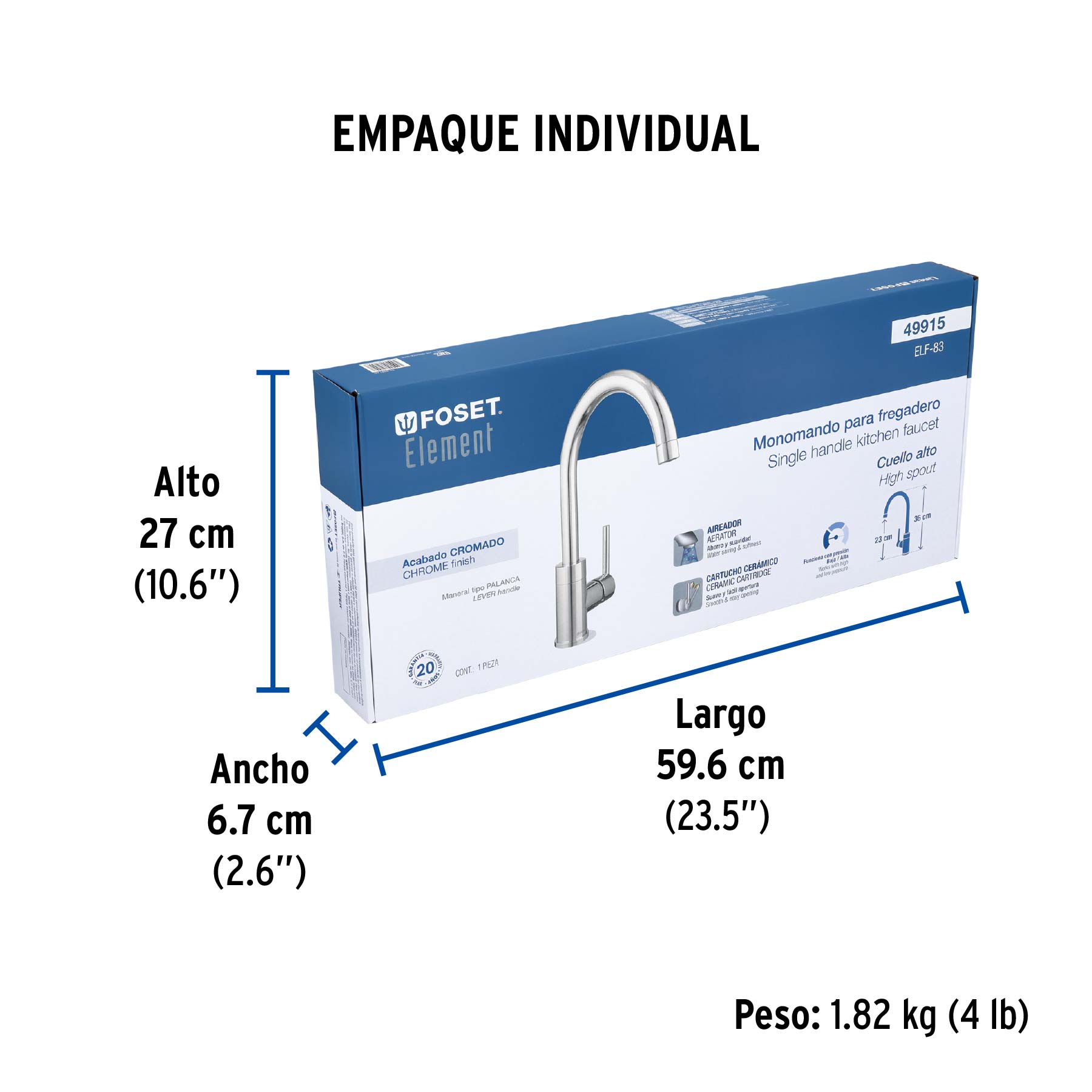 Monomando cromo cuello alto para fregadero, FOSET ELEMENT - Empaque