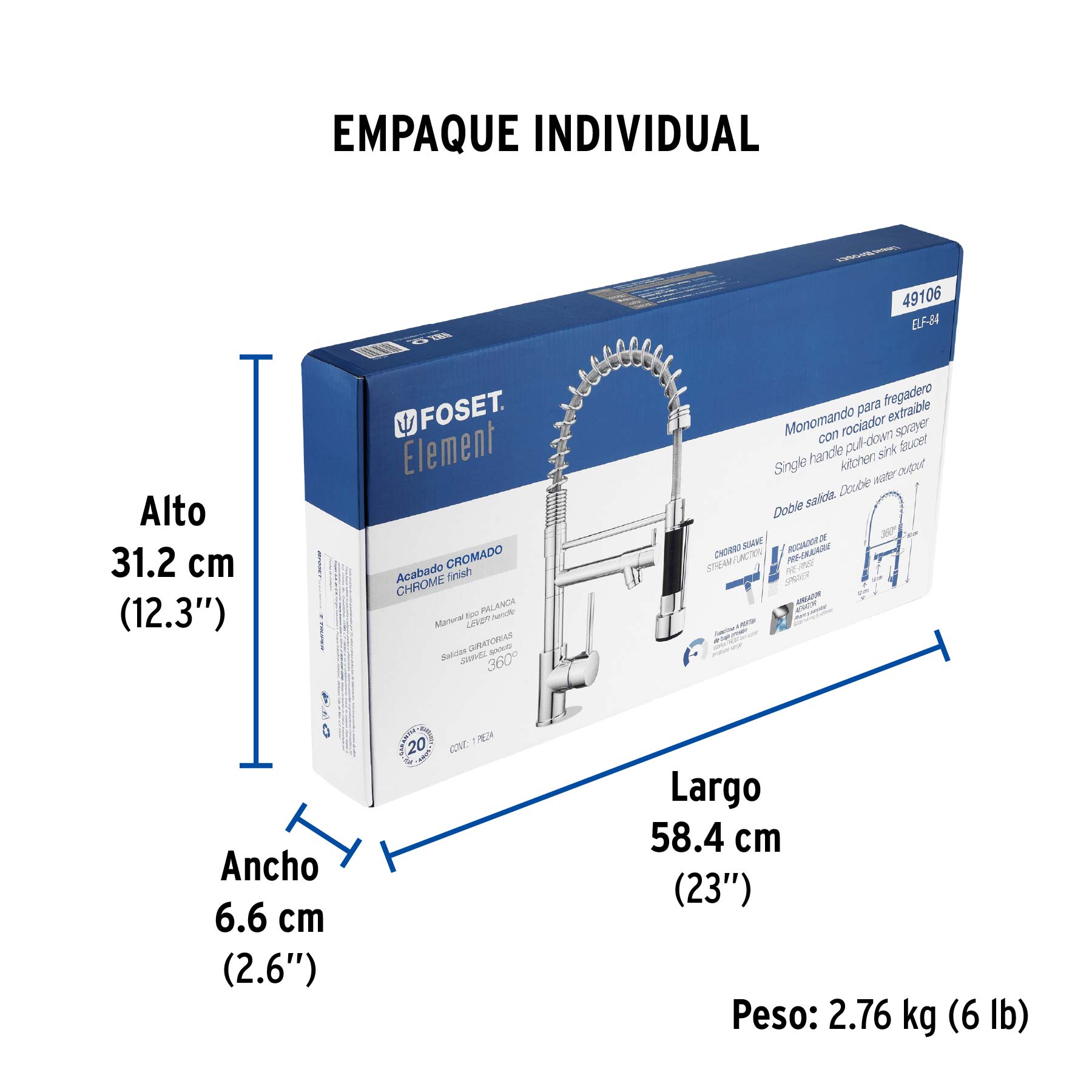 Monomando con doble salida para fregadero, Cromo, ELEMENT - Empaque