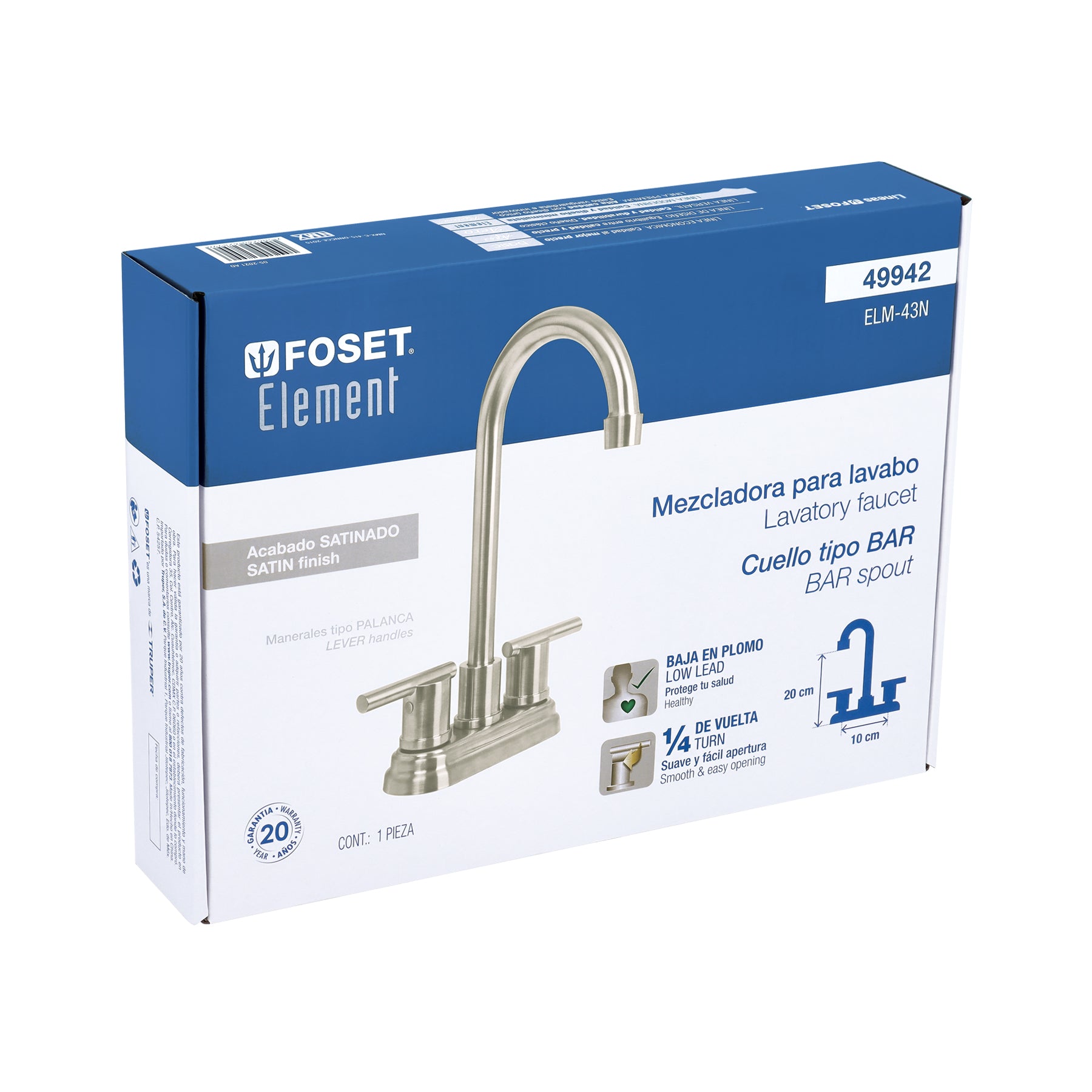 Mezcladora satín 4" para lavabo cuello tipo bar, ELEMENT