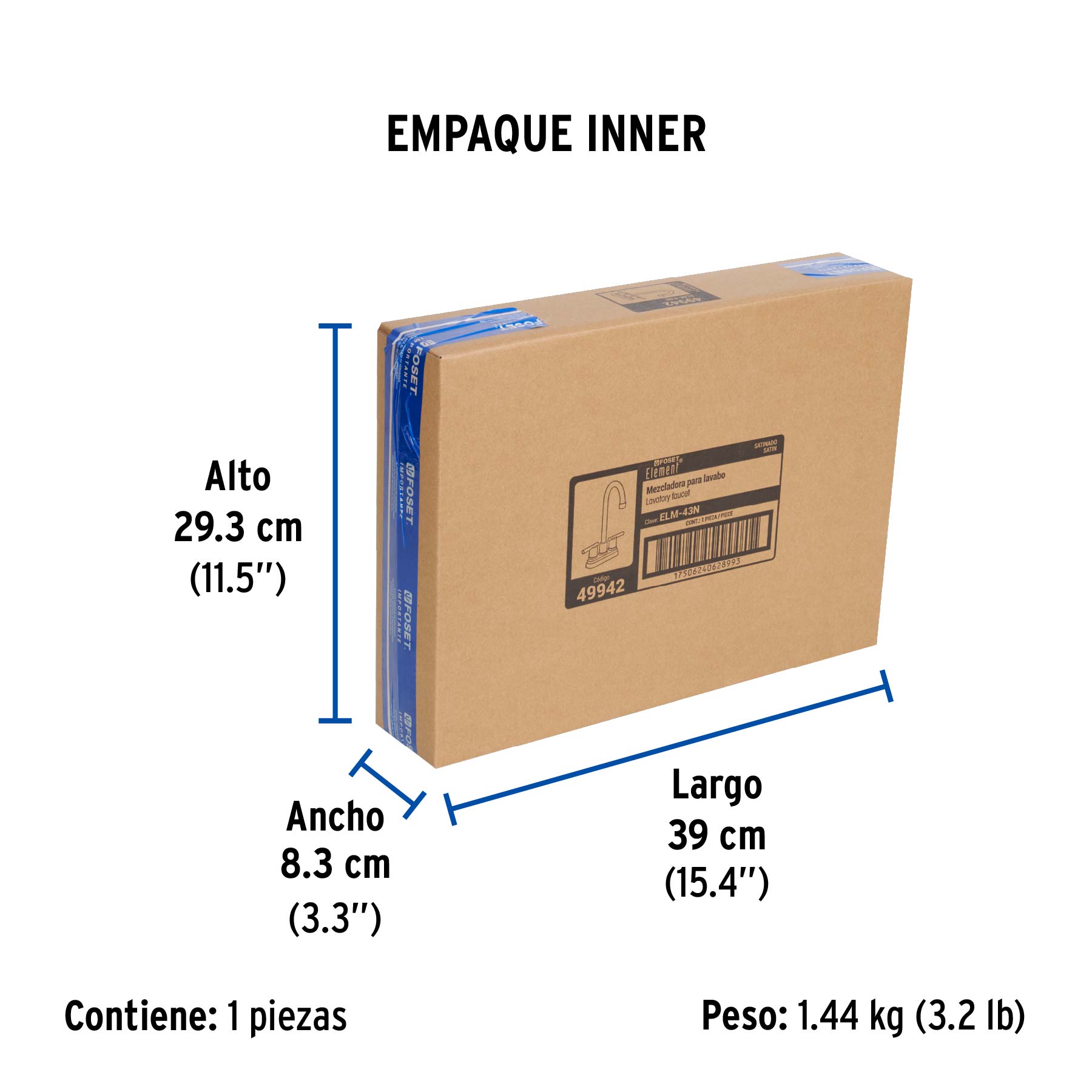 Mezcladora satín 4" para lavabo cuello tipo bar, ELEMENT - Empaque