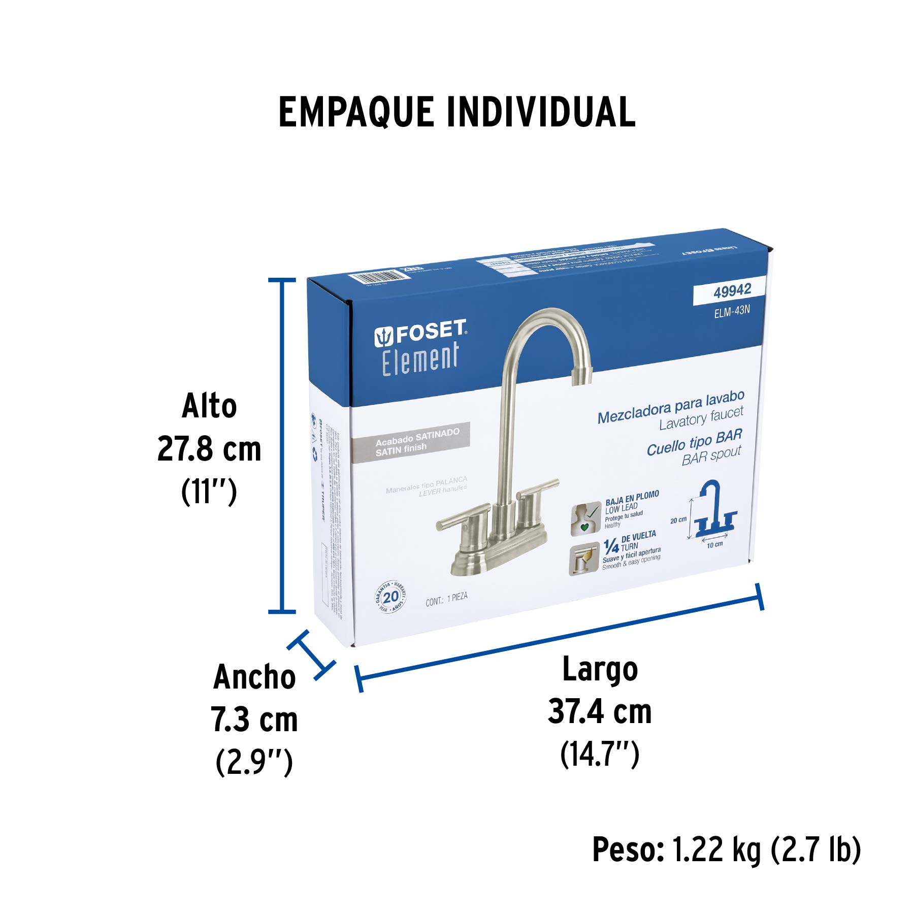 Mezcladora satín 4" para lavabo cuello tipo bar, ELEMENT - Empaque