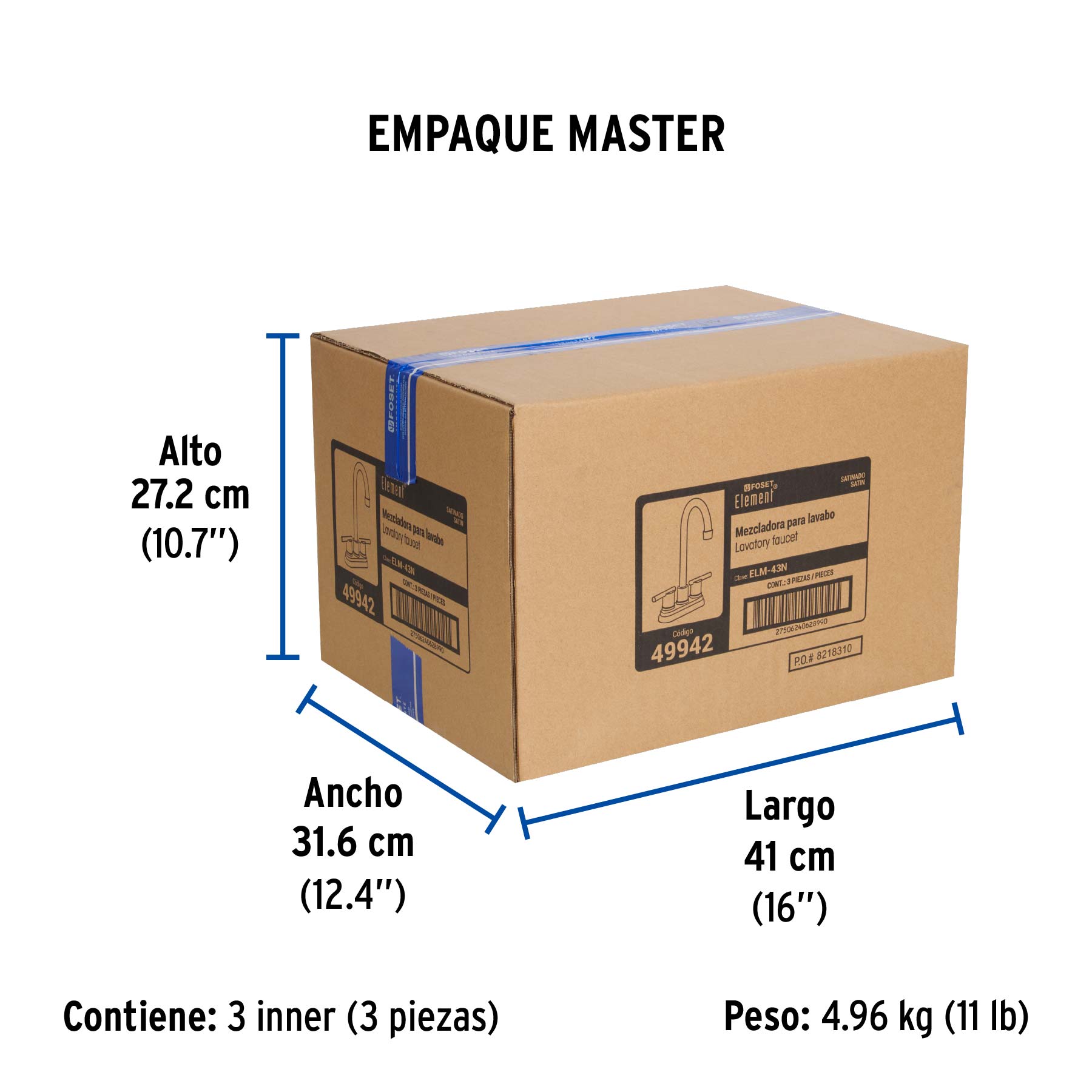 Mezcladora satín 4" para lavabo cuello tipo bar, ELEMENT - Empaque