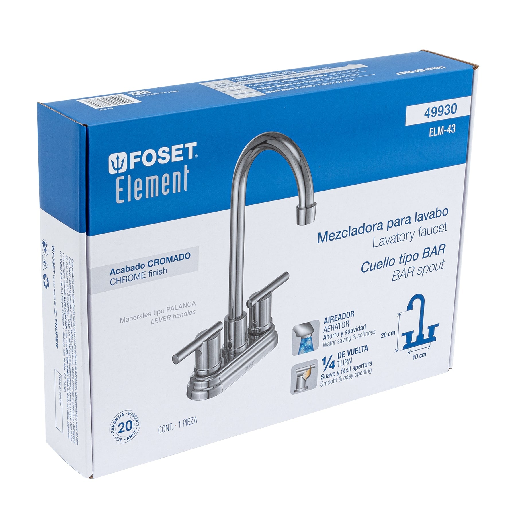 Mezcladora cromo 4" para lavabo cuello tipo bar, ELEMENT