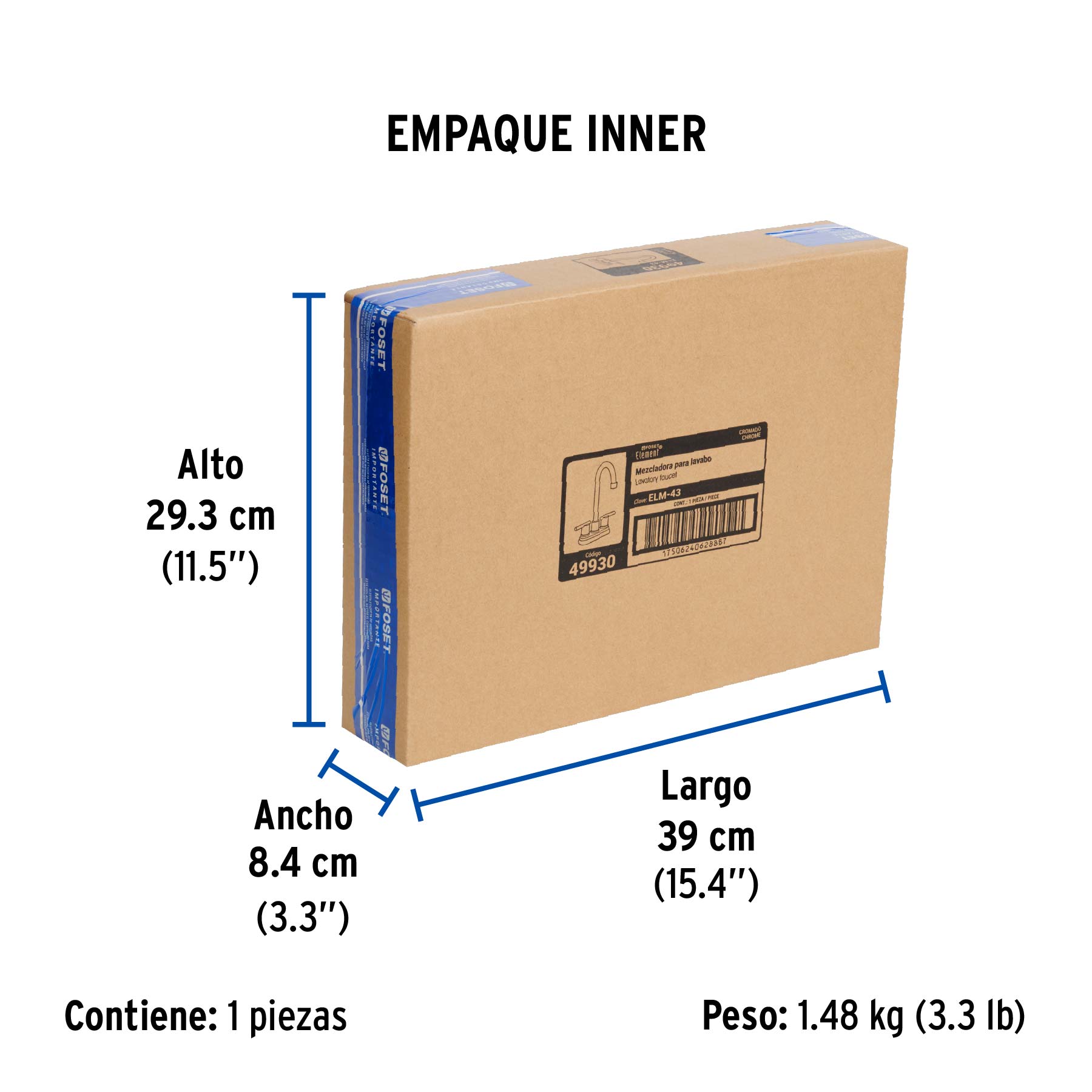 Mezcladora cromo 4" para lavabo cuello tipo bar, ELEMENT - Empaque