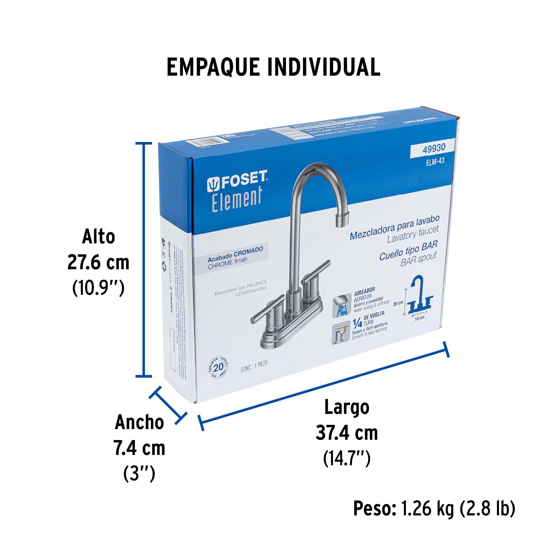 Mezcladora cromo 4" para lavabo cuello tipo bar, ELEMENT - Empaque