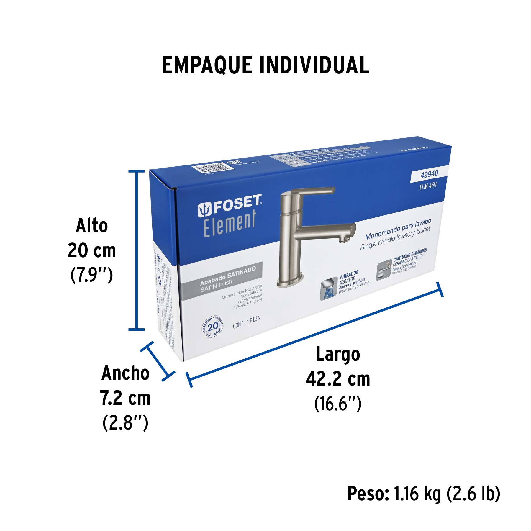 Monomando corto satín para lavabo, FOSET ELEMENT - Empaque