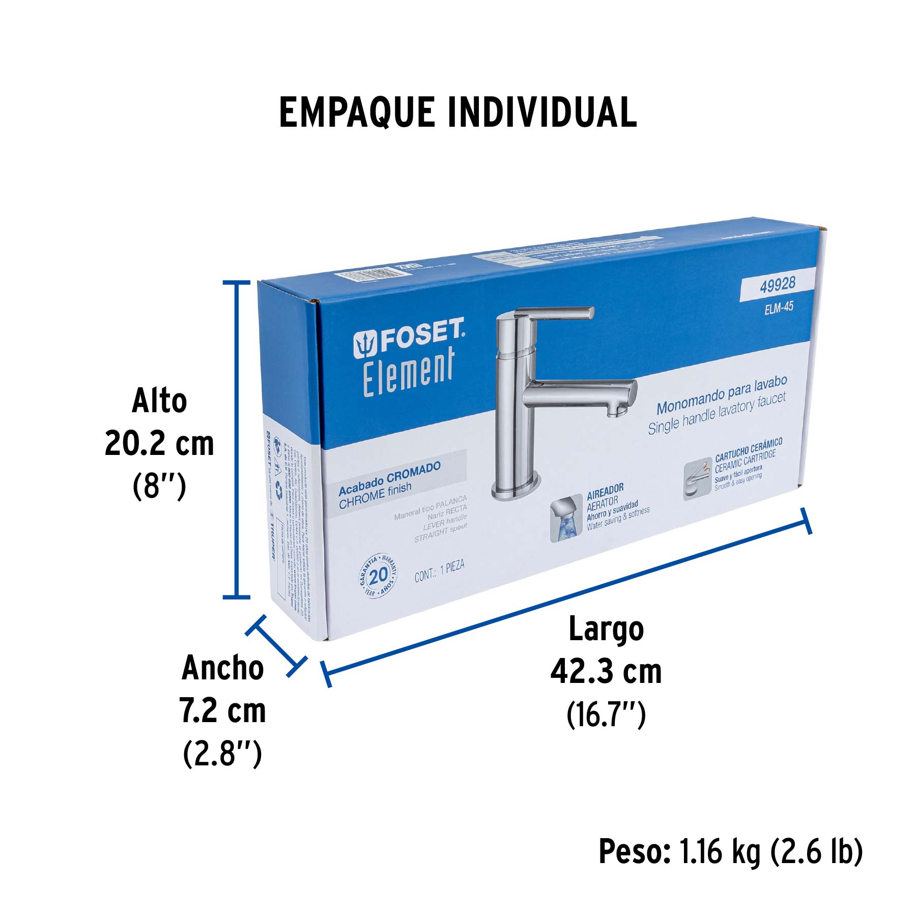 Monomando corto cromo para lavabo, FOSET ELEMENT - Empaque