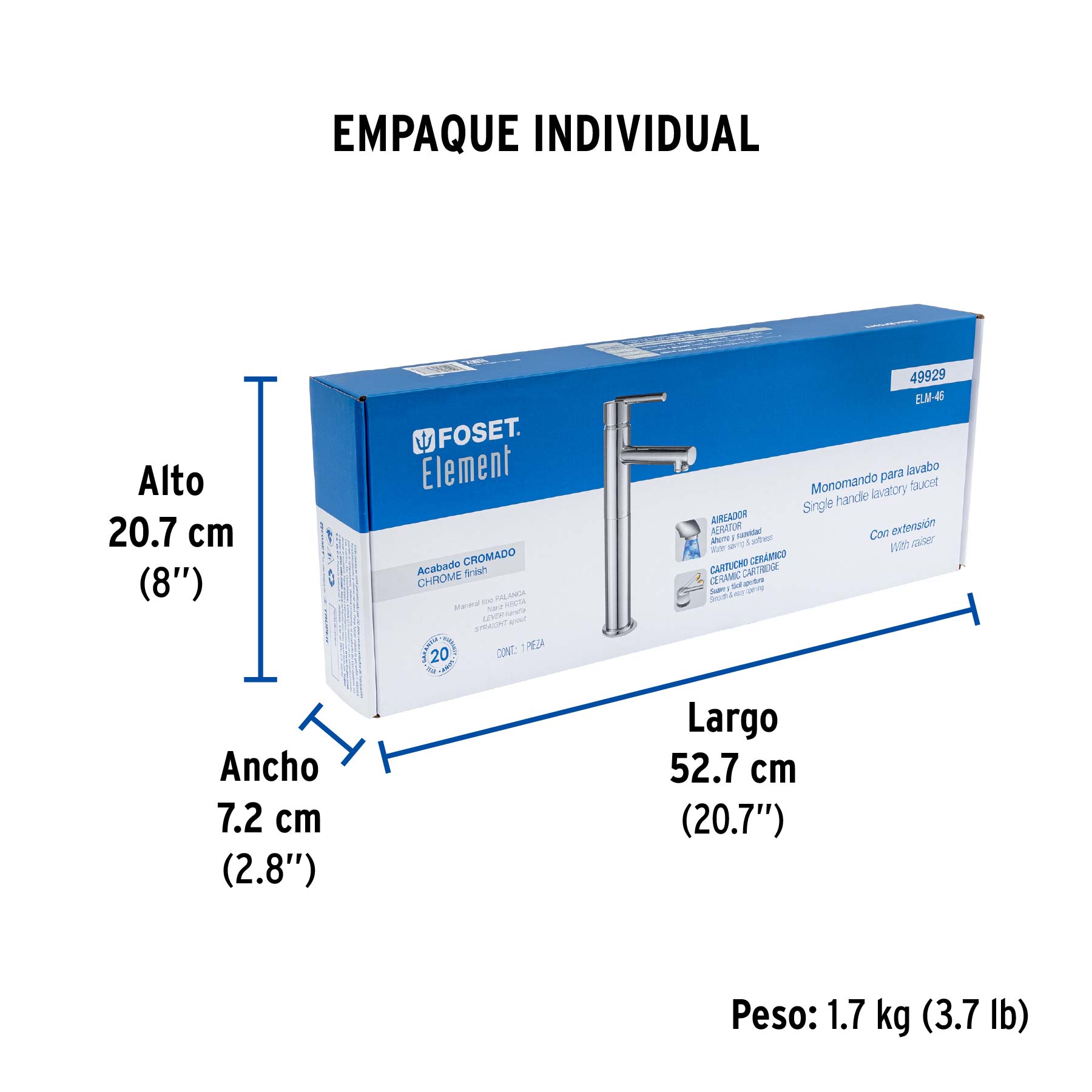 Monomando alto cromo para lavabo, FOSET ELEMENT - Empaque
