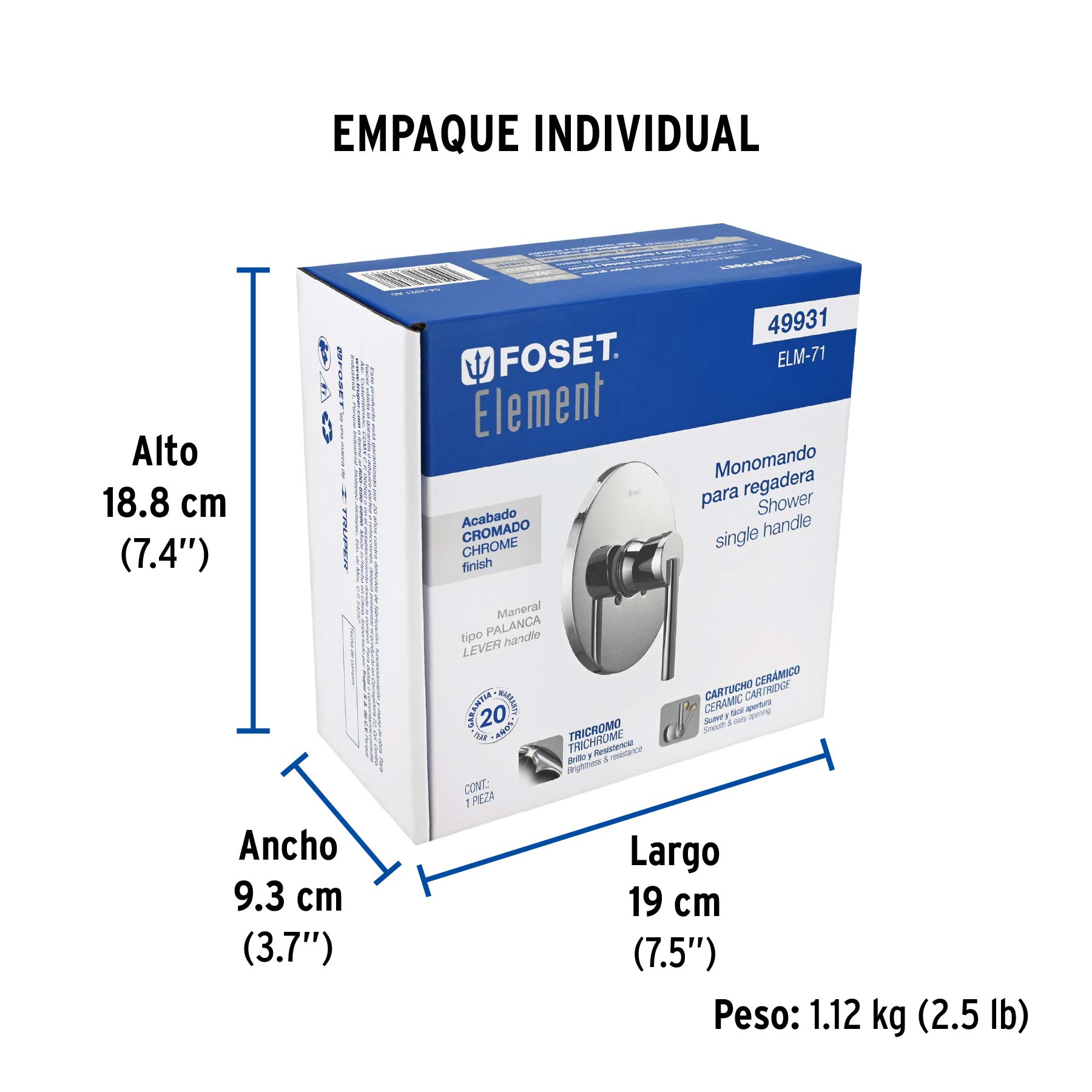 Monomando para regadera, cromo, ELEMENT - Empaque