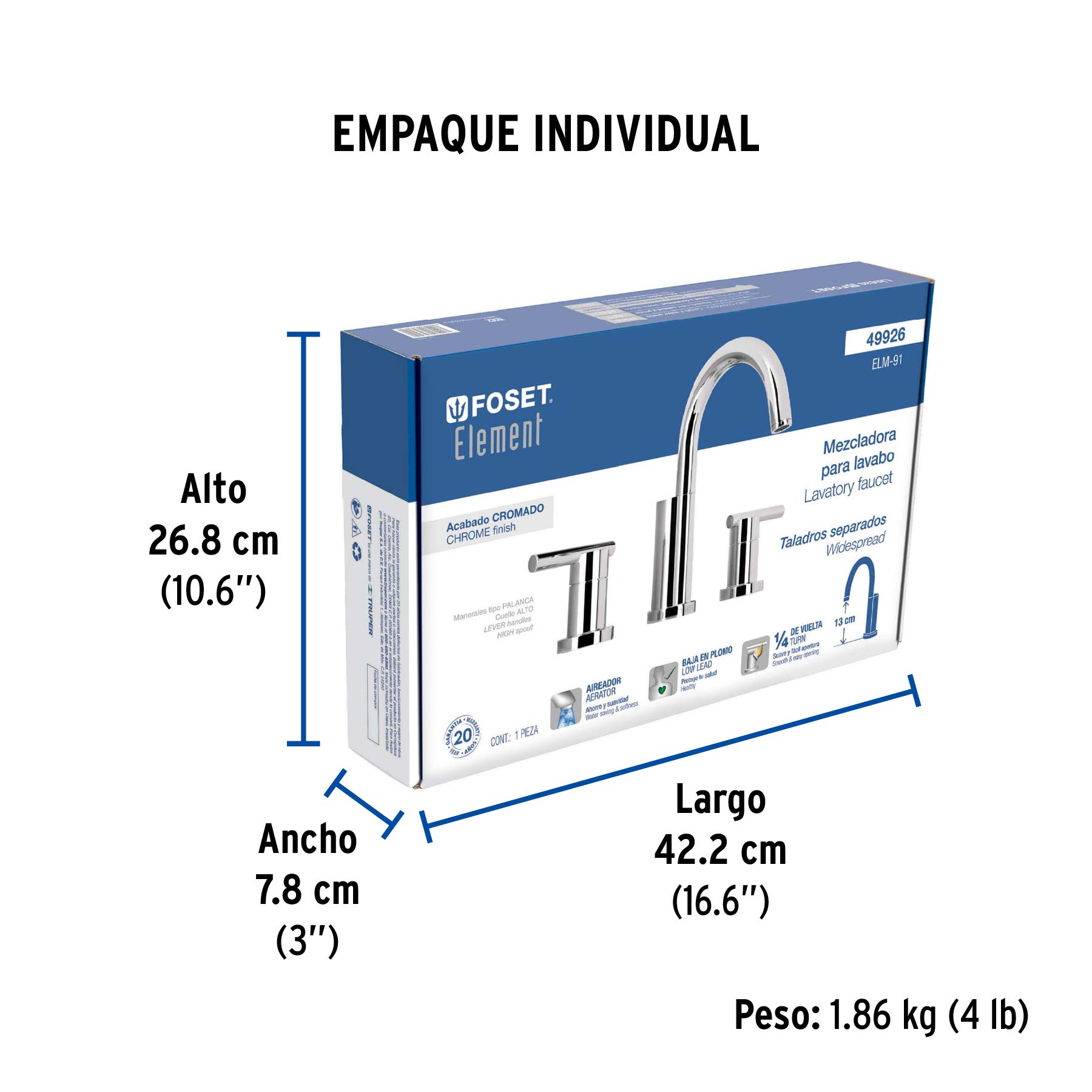 Mezcladora cromo para lavabo con taladros separados, ELEMENT - Empaque