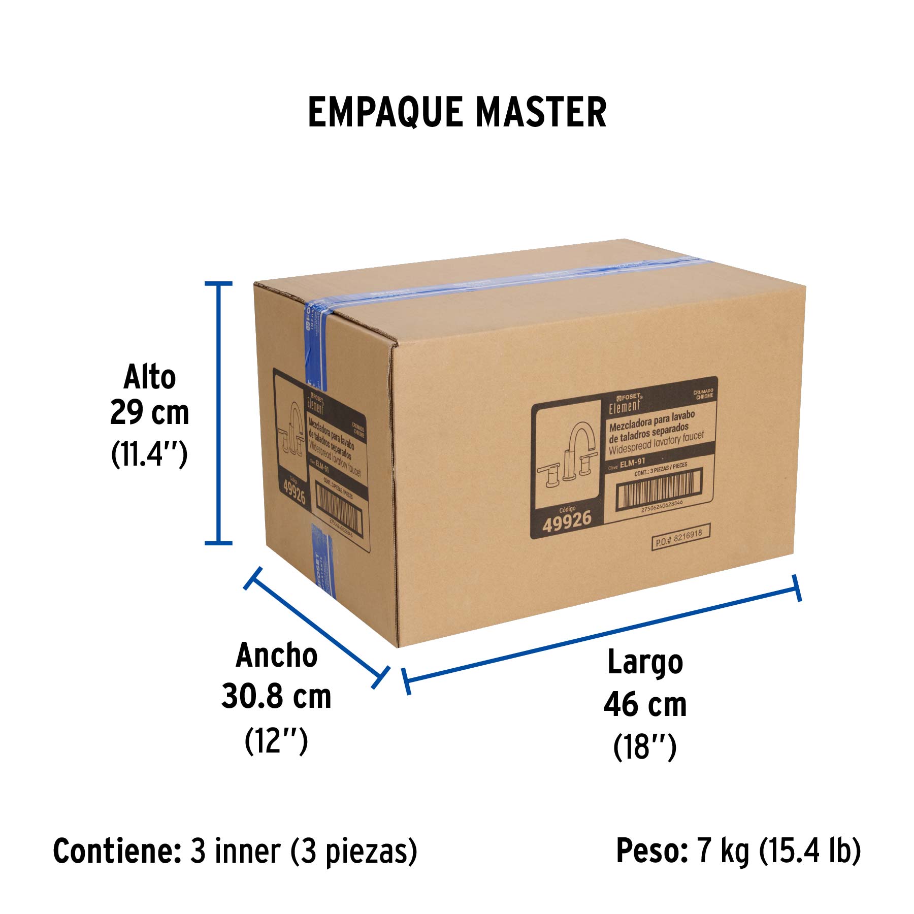 Mezcladora cromo para lavabo con taladros separados, ELEMENT - Empaque