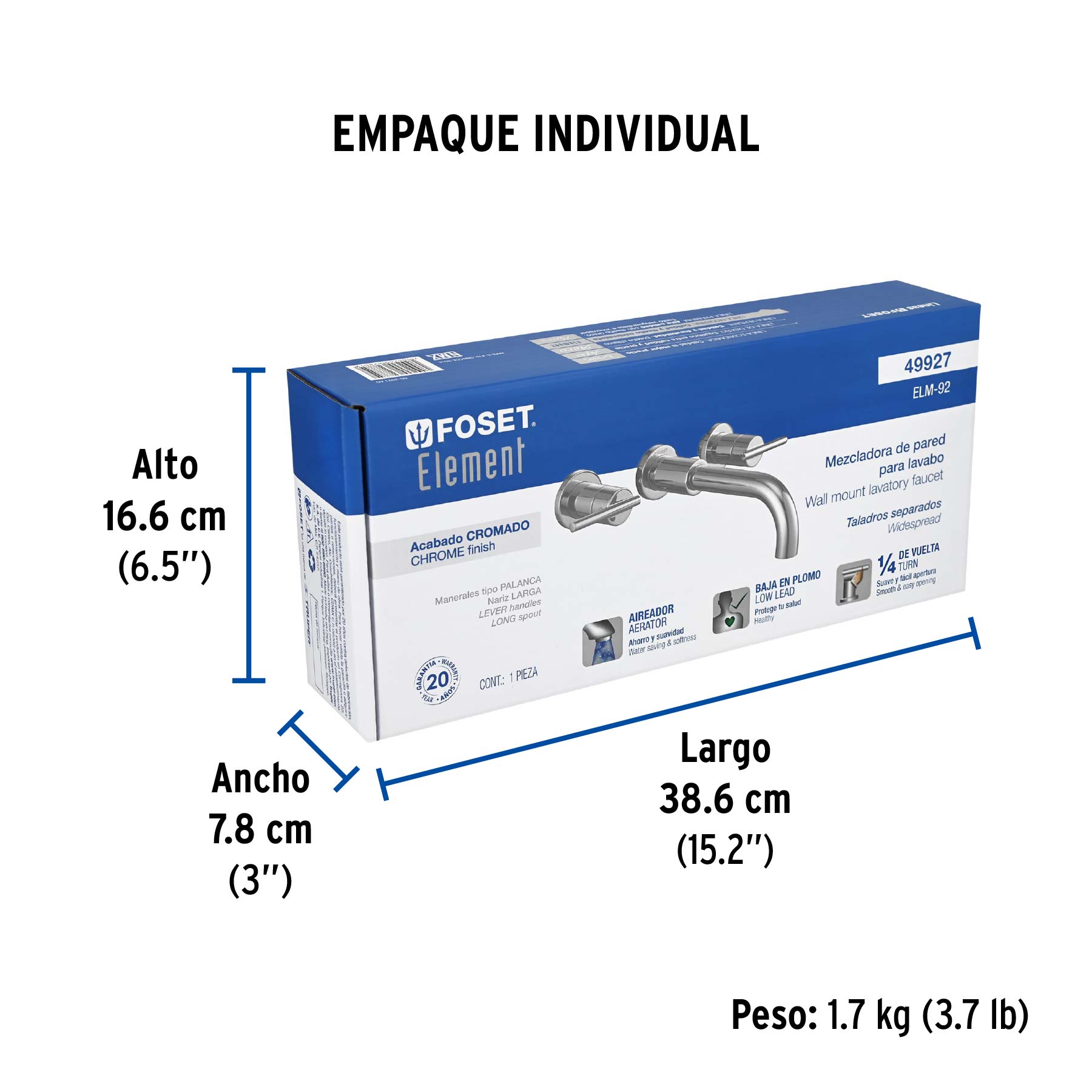 Mezcladora cromo de pared para lavabo, FOSET ELEMENT - Empaque