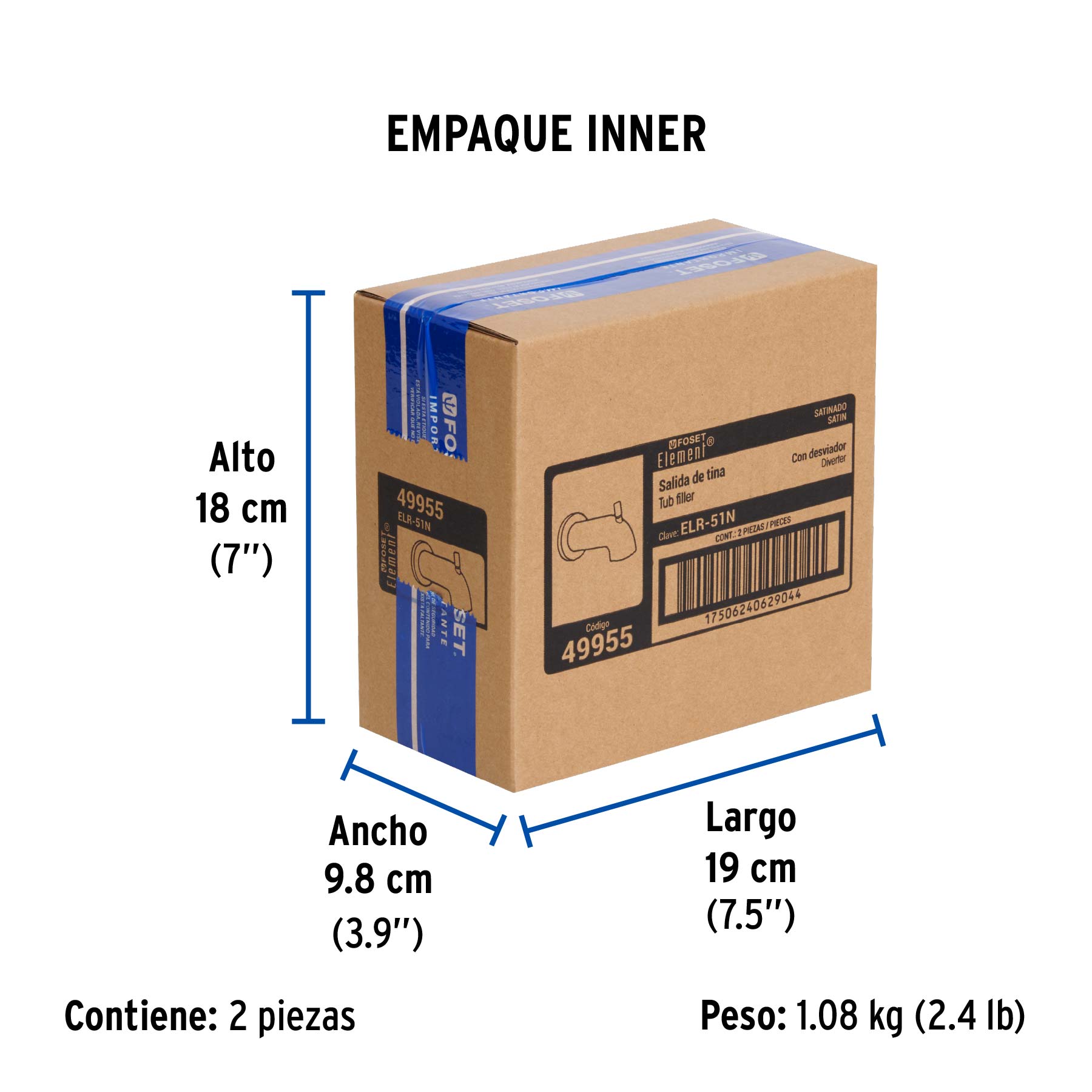 Salida de tina con desviador, satín, FOSET ELEMENT - Empaque