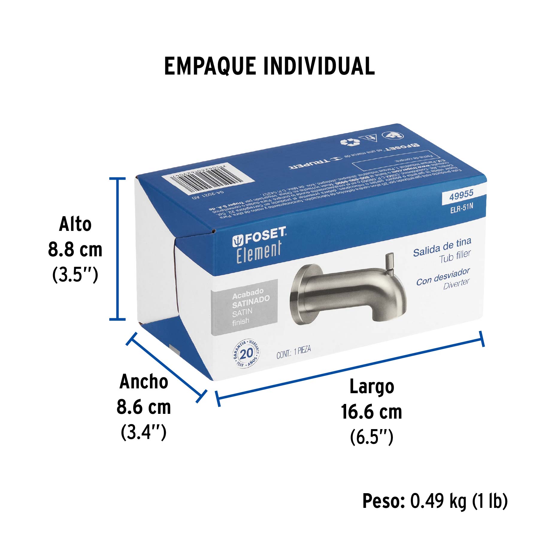 Salida de tina con desviador, satín, FOSET ELEMENT - Empaque