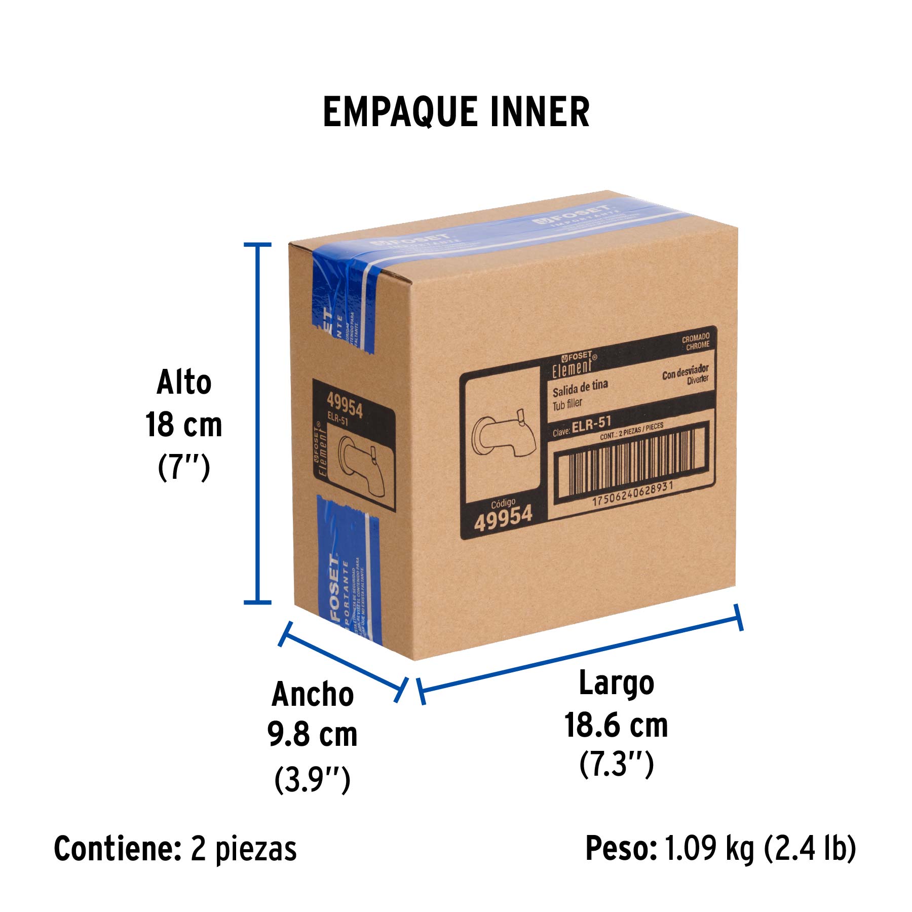 Salida de tina con desviador, cromo, FOSET ELEMENT - Empaque