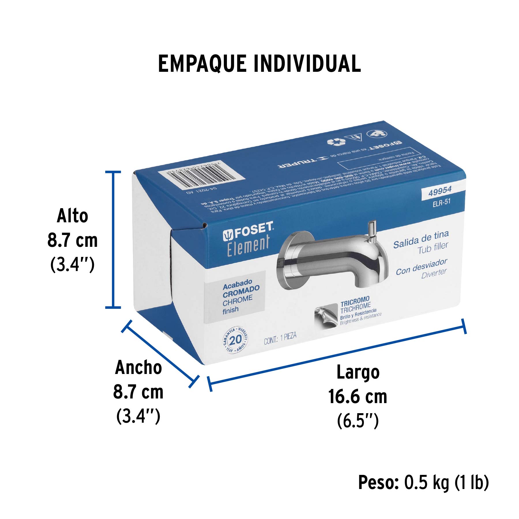 Salida de tina con desviador, cromo, FOSET ELEMENT - Empaque