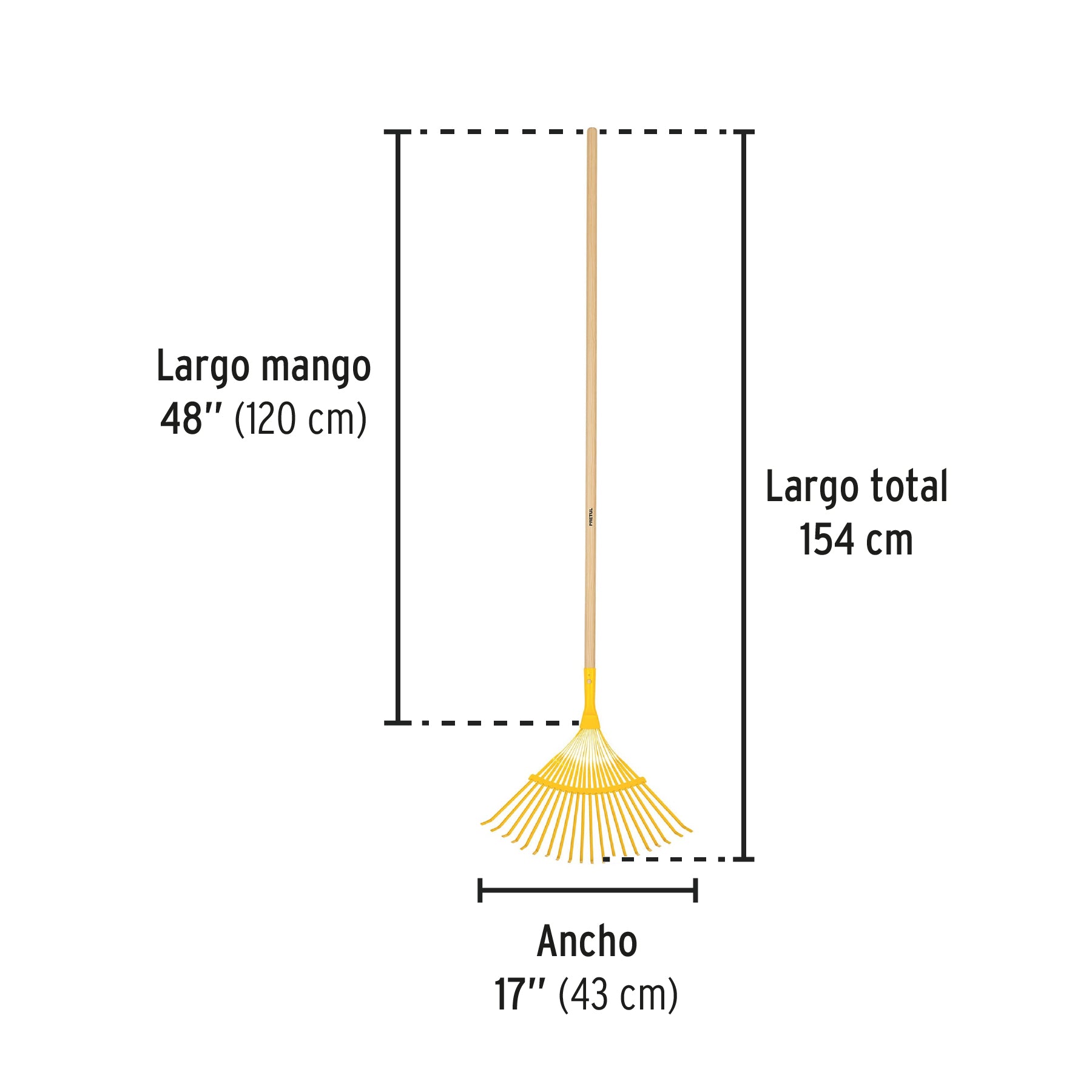 Escoba metálica para jardín, curva, 20 dientes, mango 48"