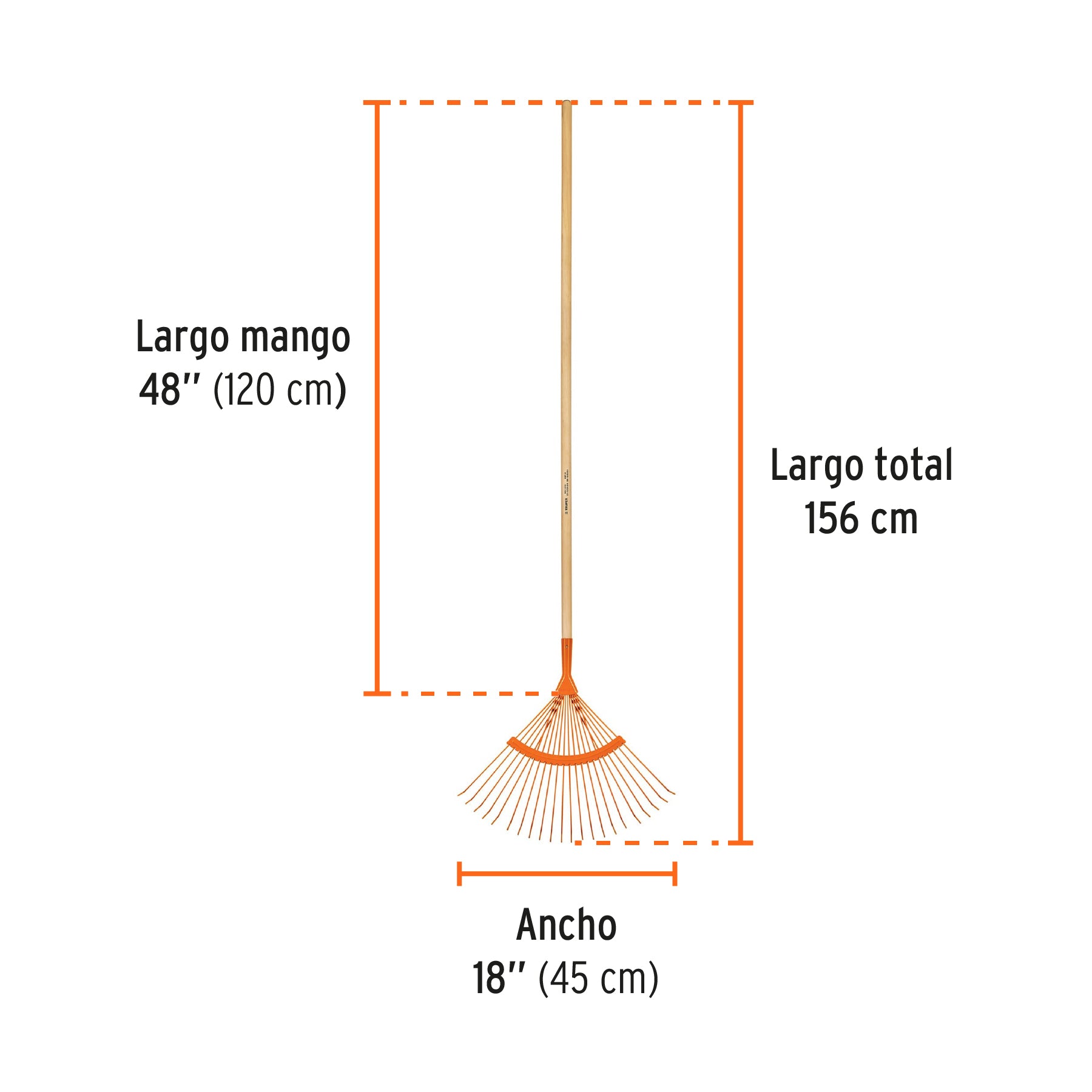 Escoba metálica p/jardín curva,22 dientes redondos,mango 48"