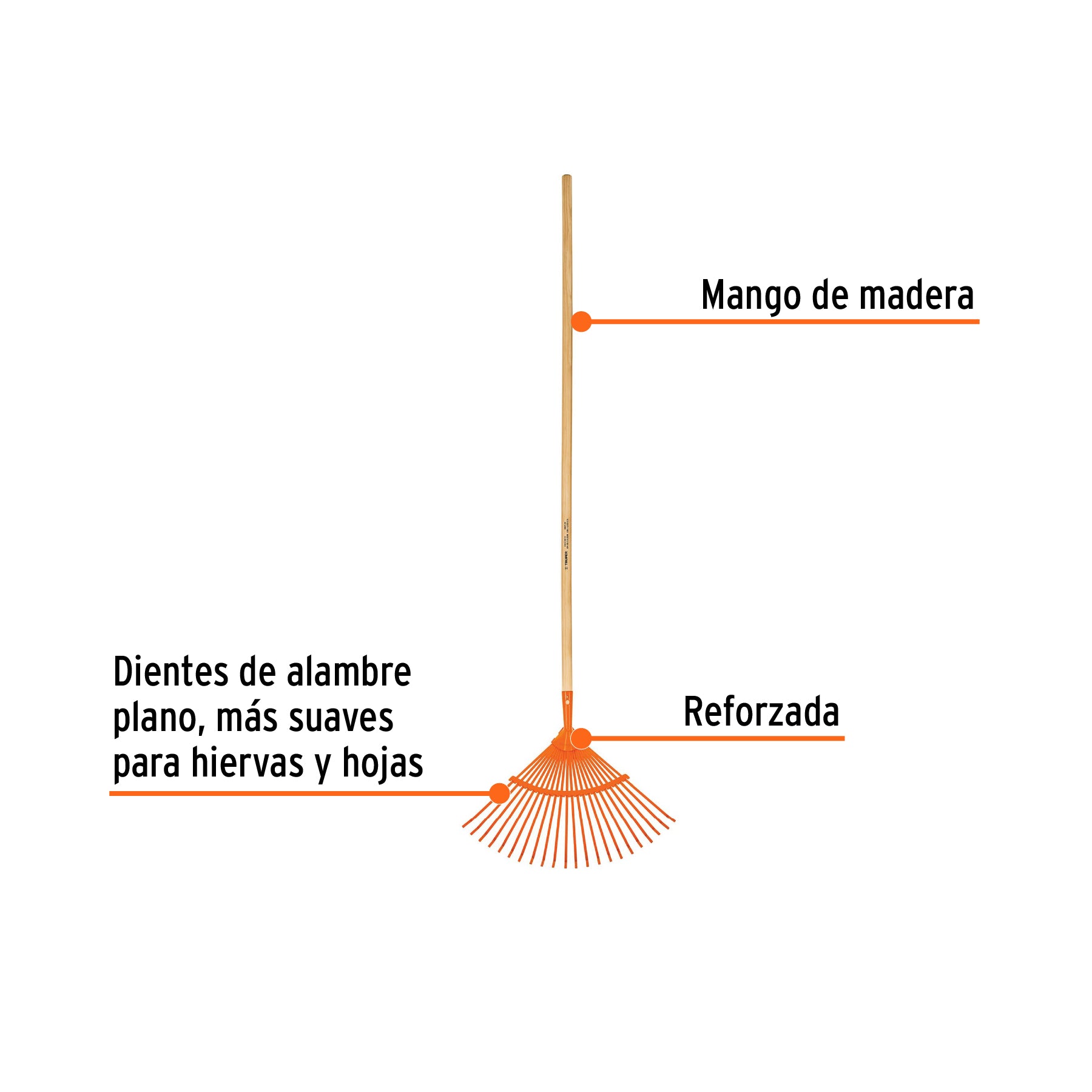 Escoba metálica para jardín, curva, 22 dientes, mango 48"