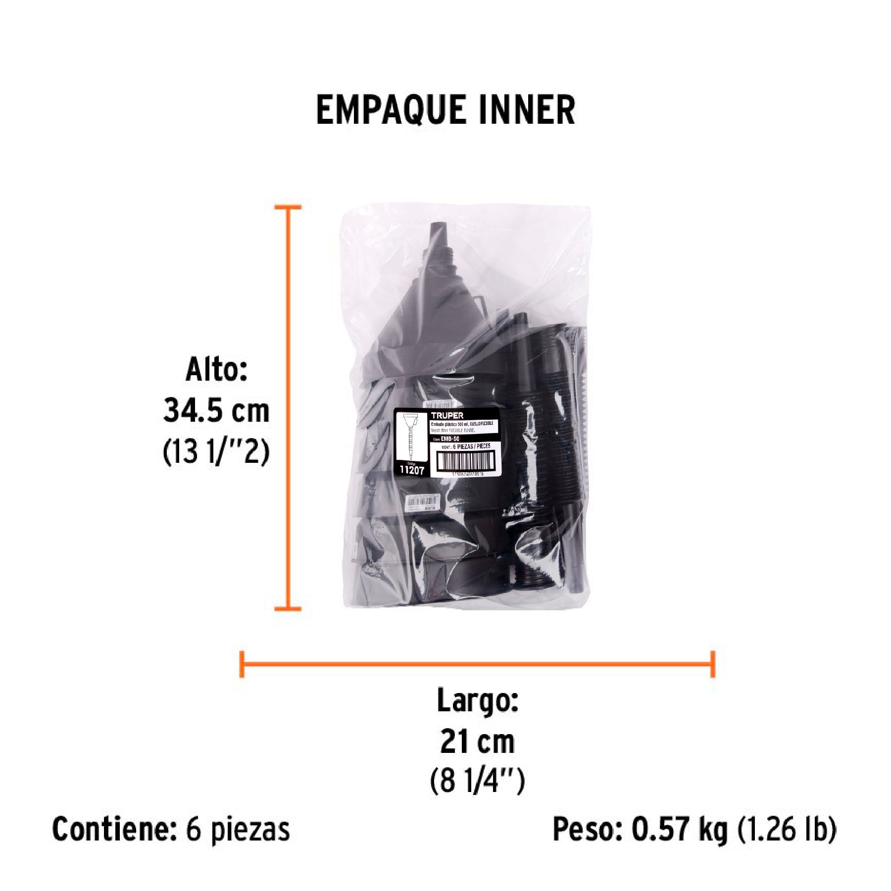 Embudo plástico 500 ml, cuello flexible con filtro, TRUPER - Empaque